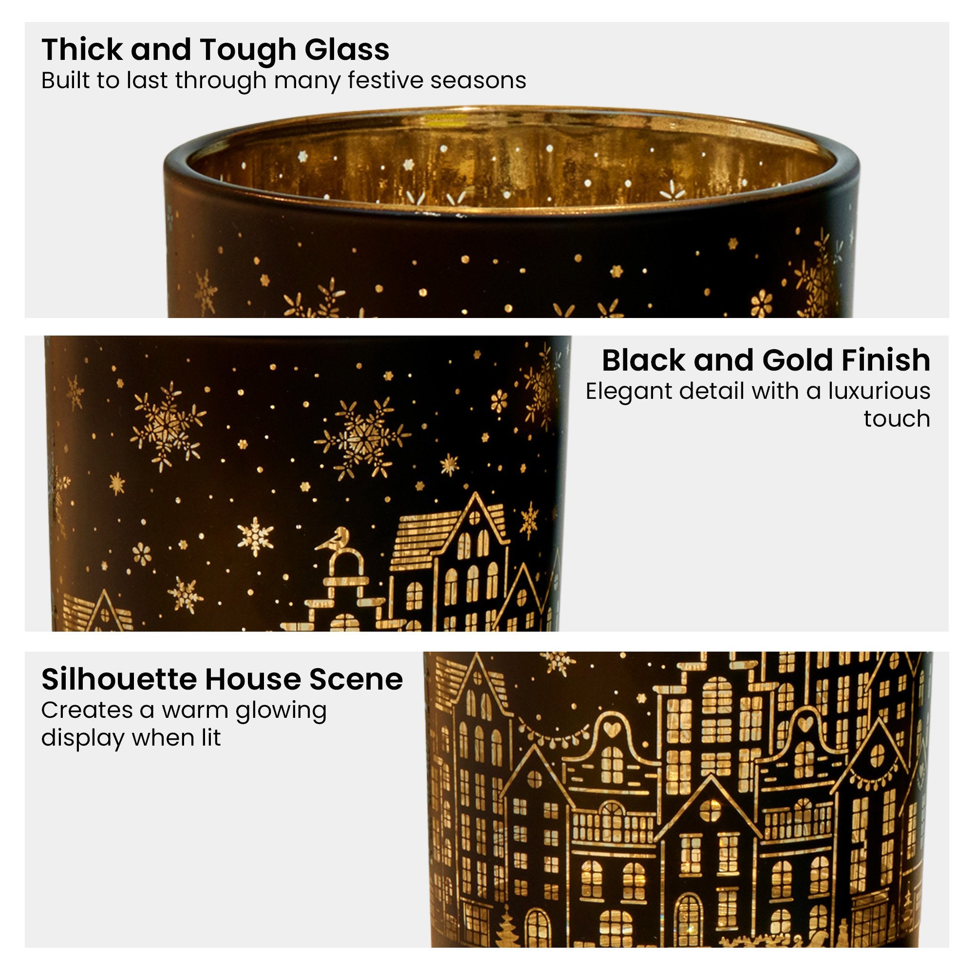 Christabelle Christmas Candle Jar Set Of 3 Black And Gold Holiday Candle Holders 5