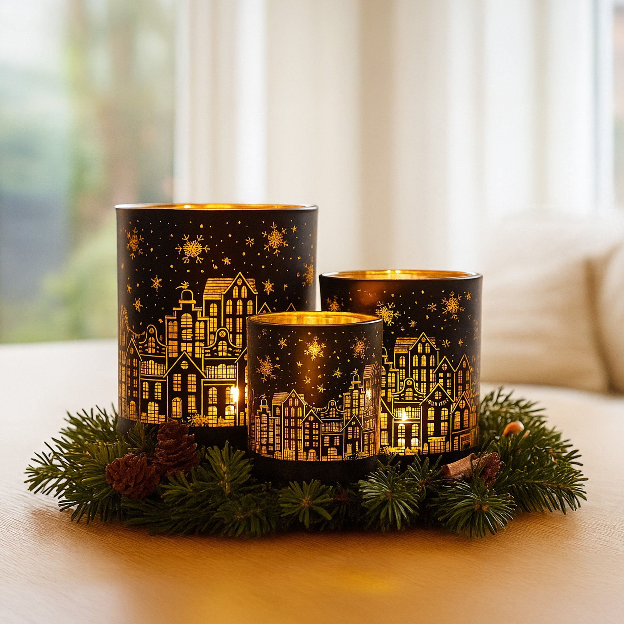 Christabelle Christmas Candle Jar Set Of 3 Black And Gold Holiday Candle Holders 6