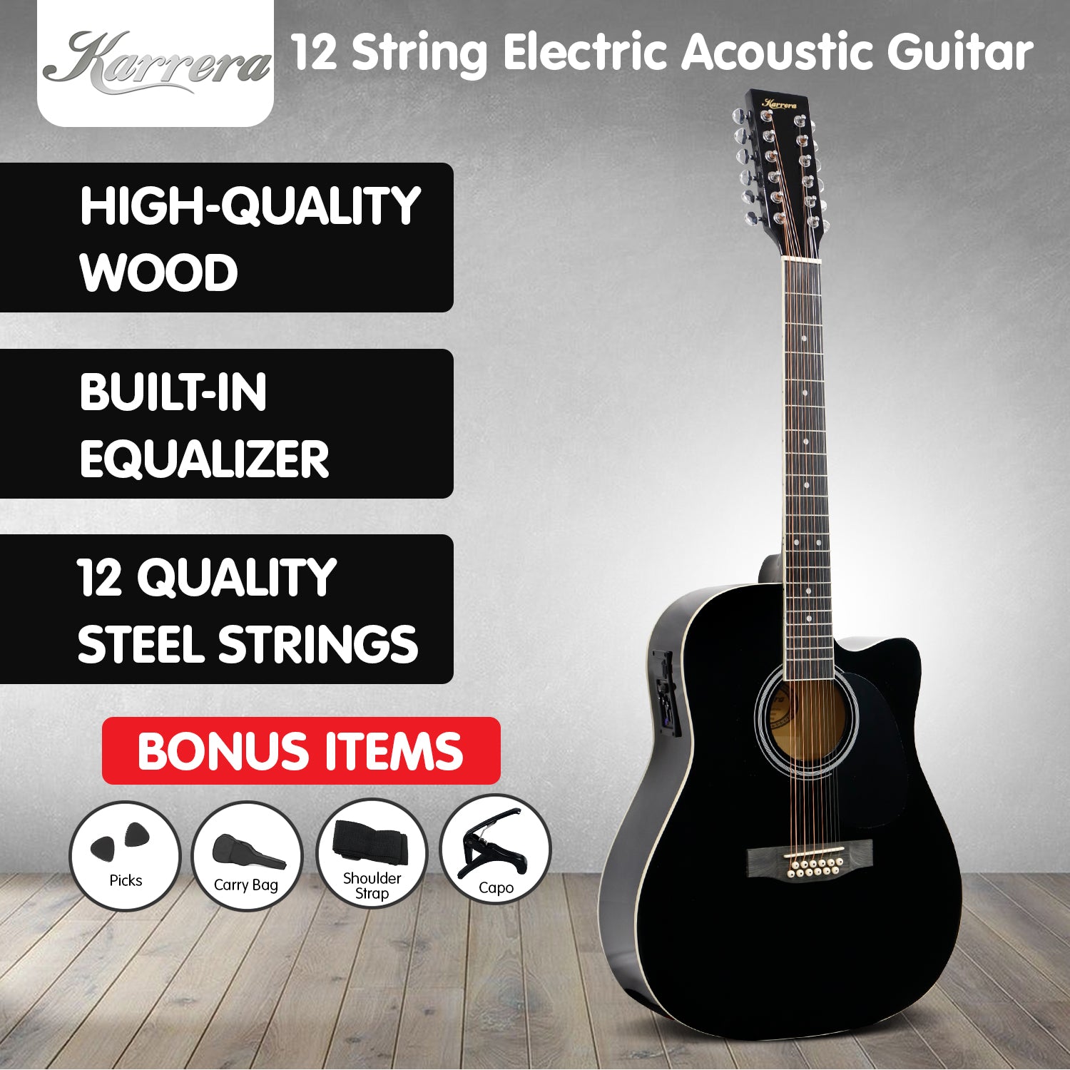 Karrera 12-String Acoustic Guitar with EQ - Black 9