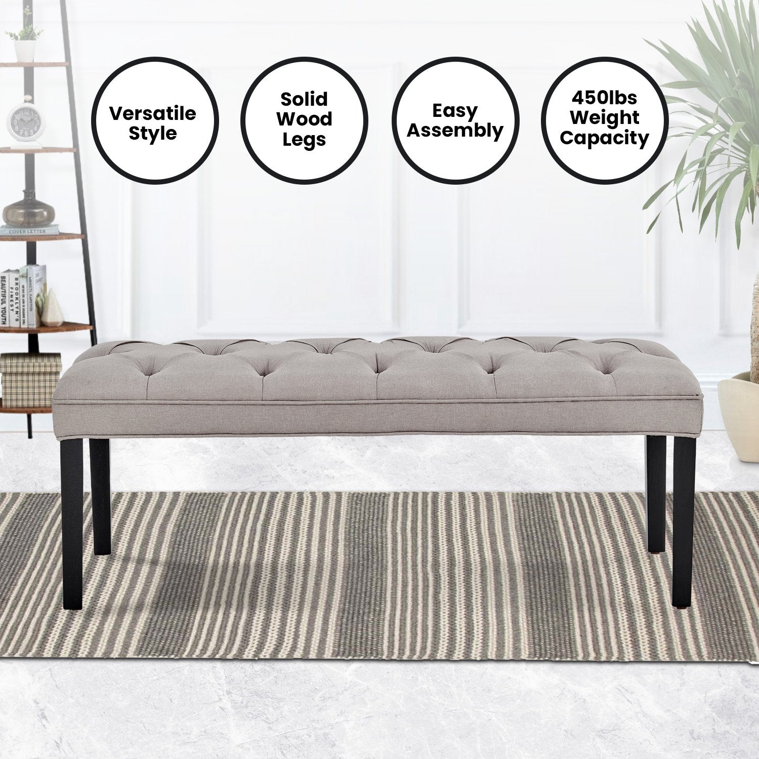 Sarantino Cate Button-tufted Upholstered Bench With Tapered Legs By Sarantino - Light Grey 10