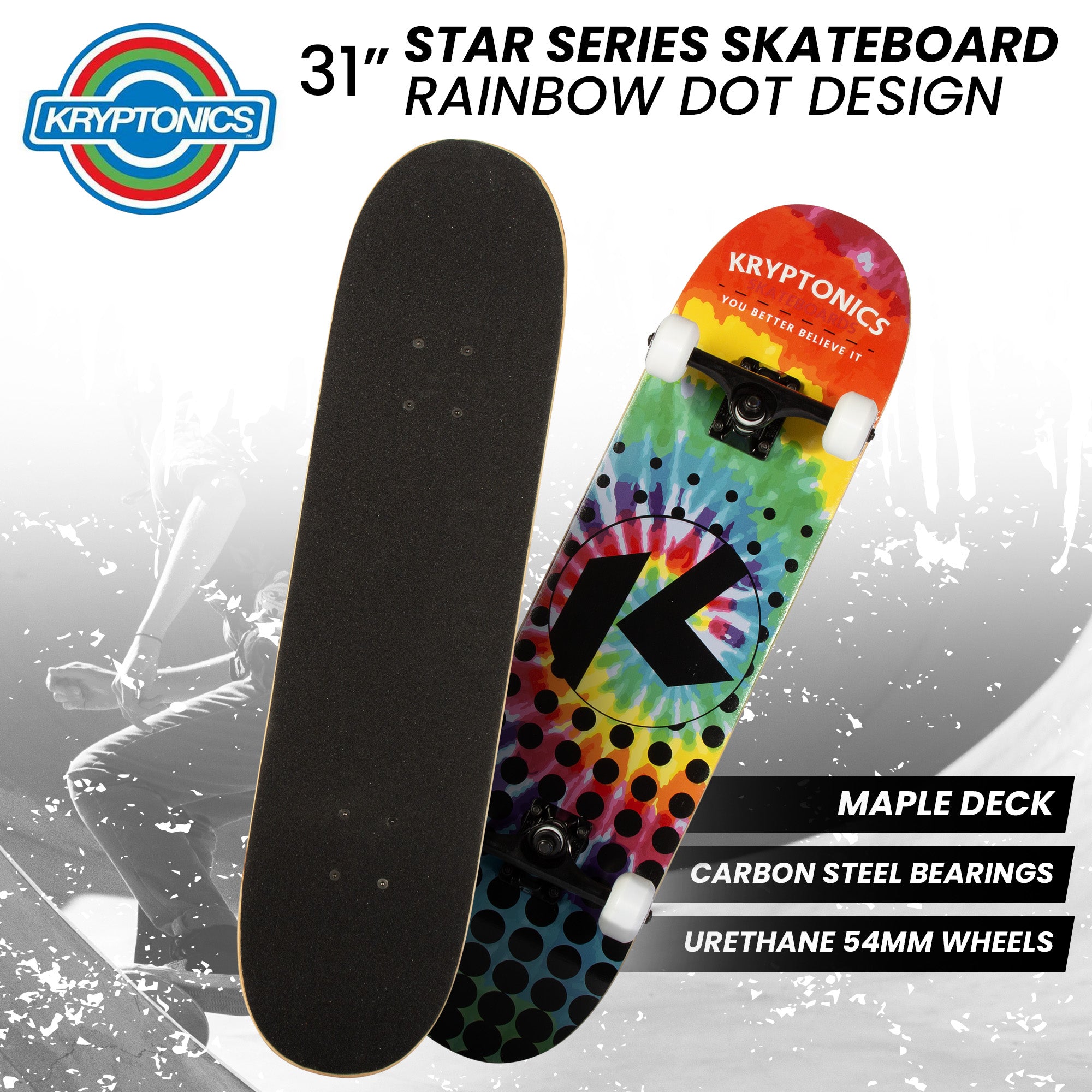 Kryptonics 31-inch Star Series Complete Skateboard Rainbow Dot 6