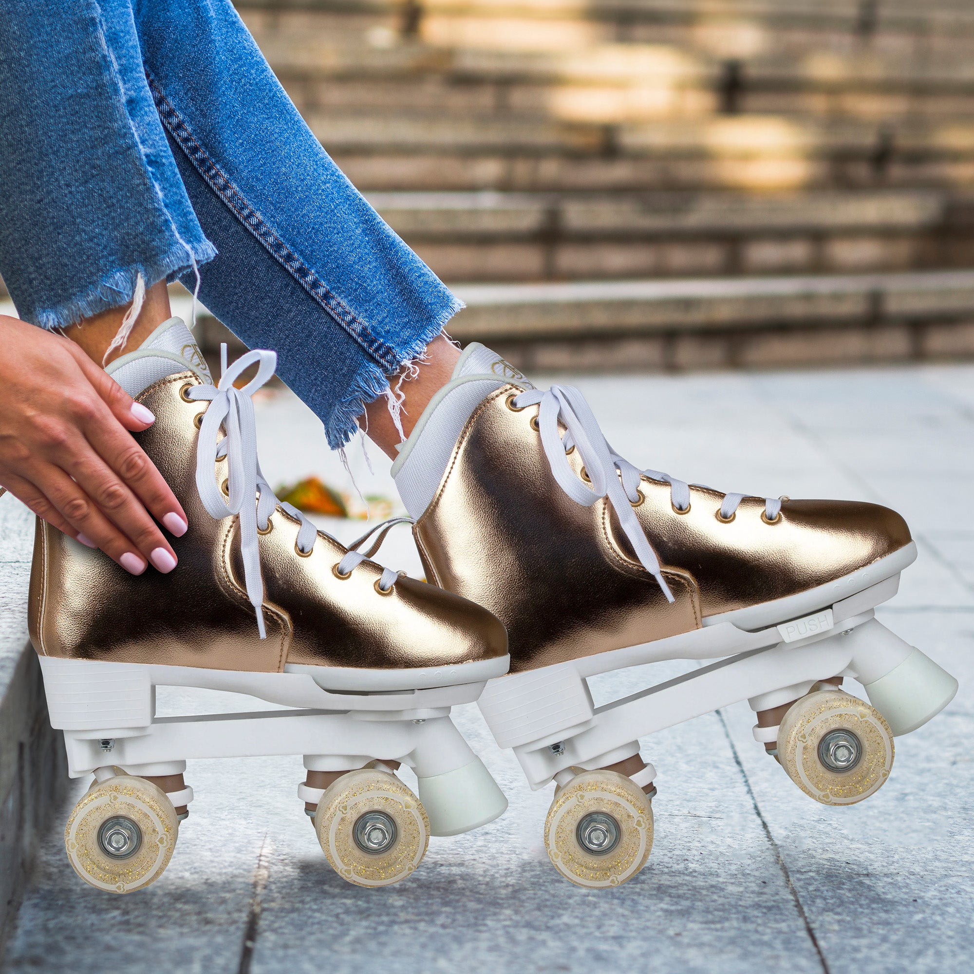 Circle Society Adjustable Quad Kids Roller Skates In Metallic Rose Gold 8