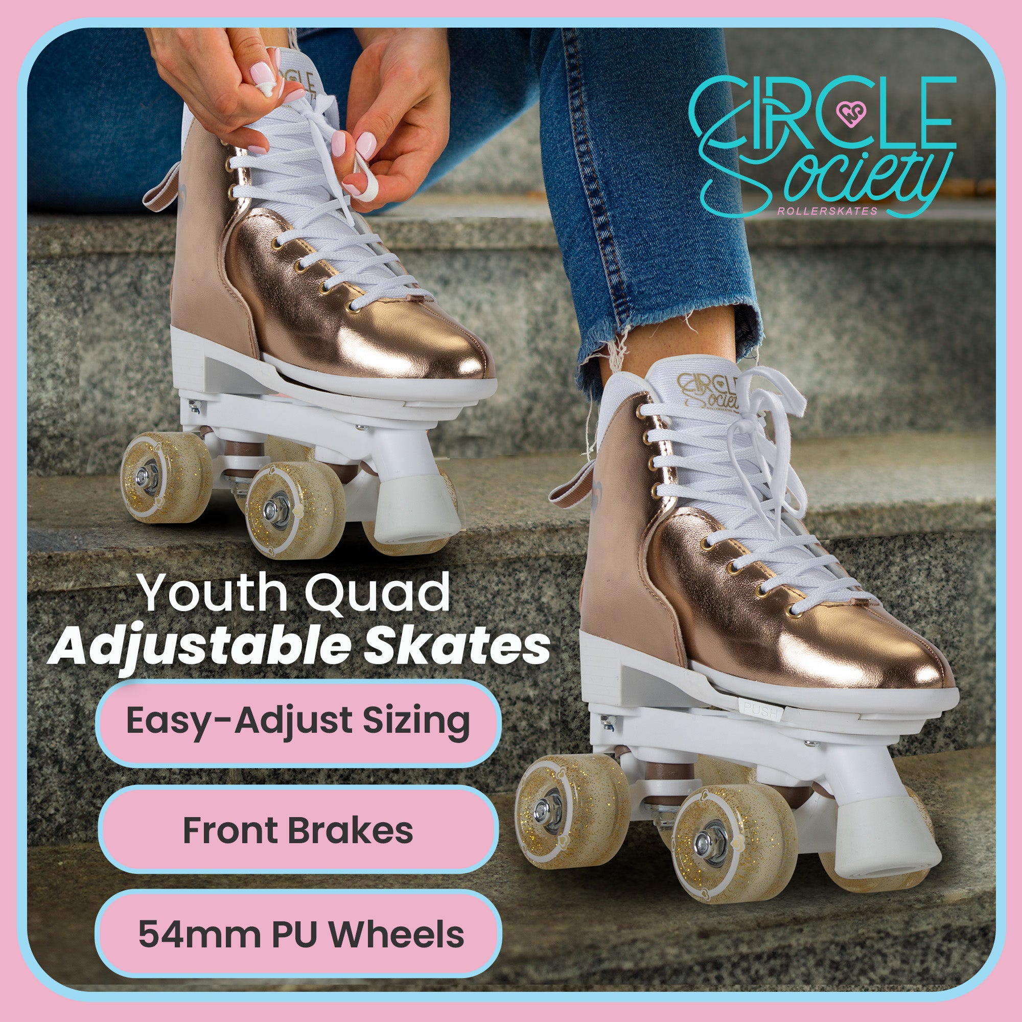 Circle Society Adjustable Quad Kids Roller Skates In Metallic Rose Gold 9