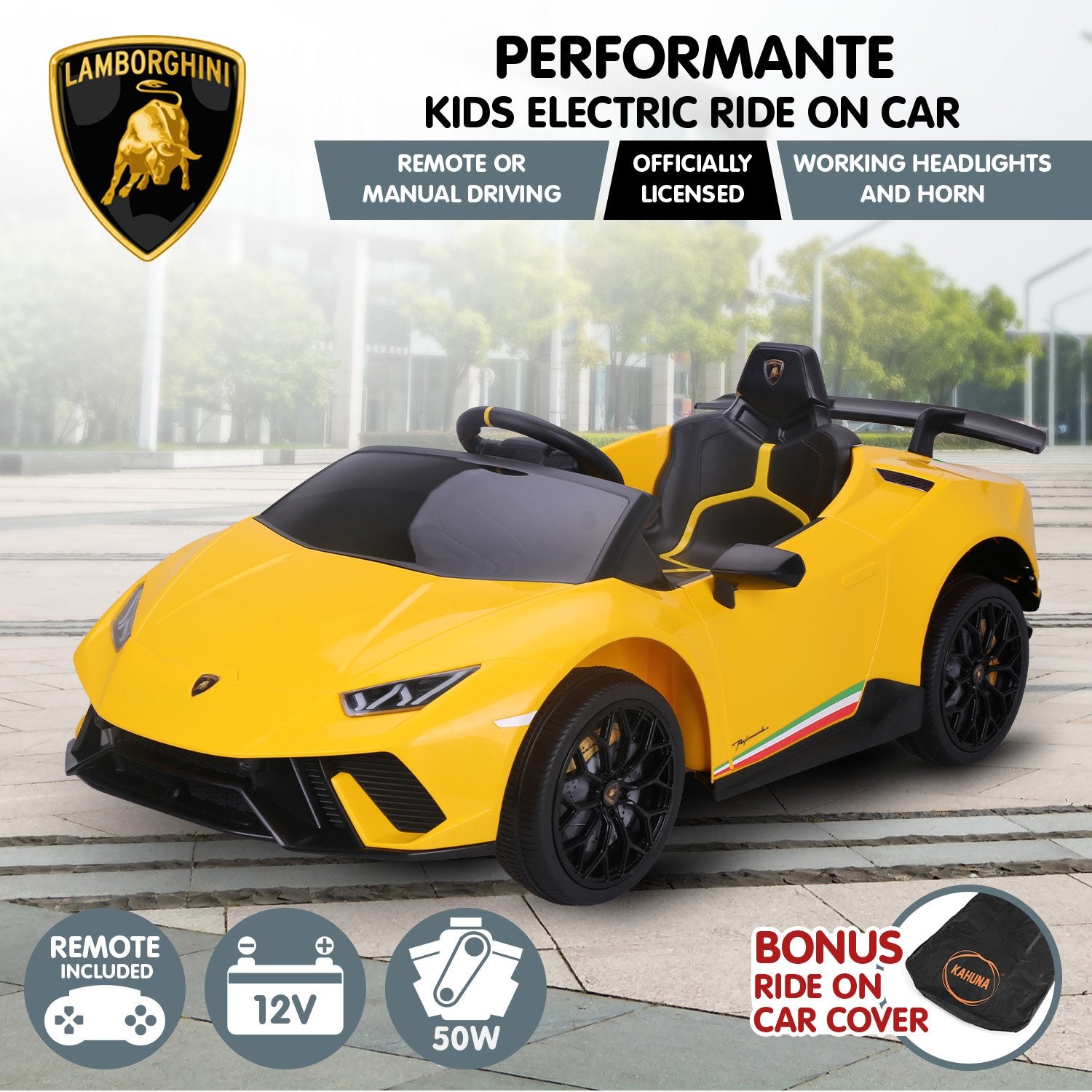 Kahuna Lamborghini Performante Kids Electric Ride On Car Remote Control - Yellow 3