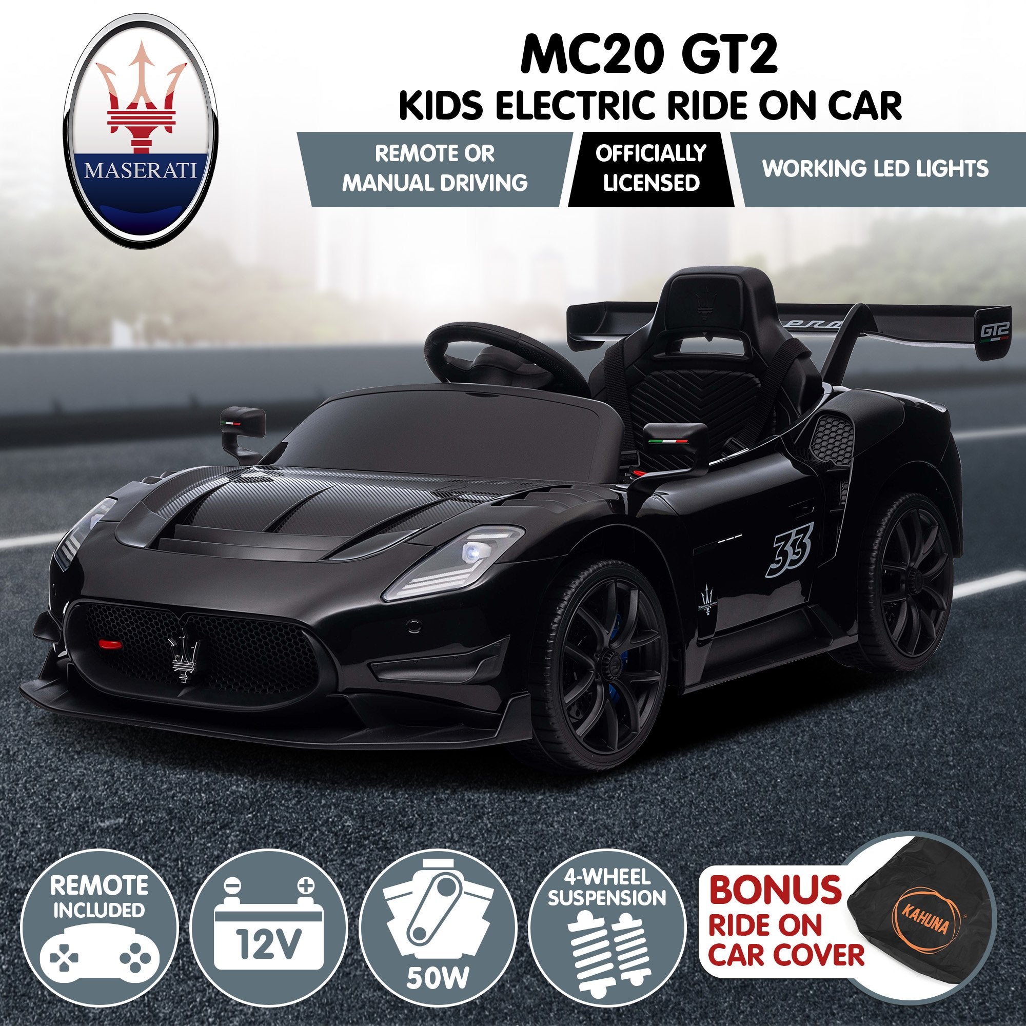 Kahuna Maserati MC20 GT2 Licensed Electric Kids Ride On Race Car Black 10