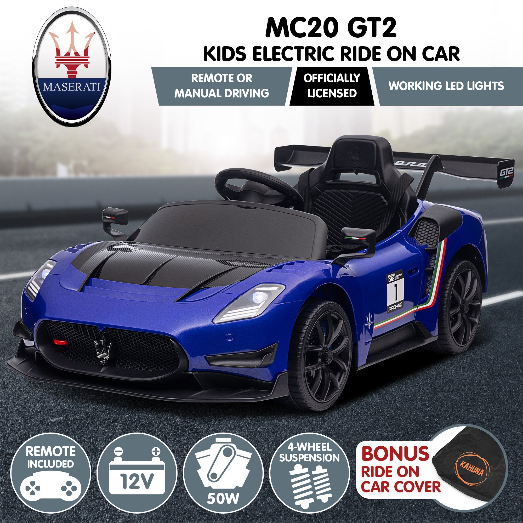 Kahuna Maserati MC20 GT2 Licensed Electric Kids Ride On Race Car Blue 10