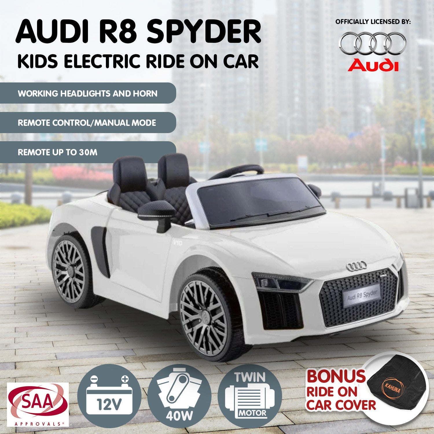 Kahuna R8 Spyder Audi Licensed Kids Electric Ride On Car Remote Control - White 11