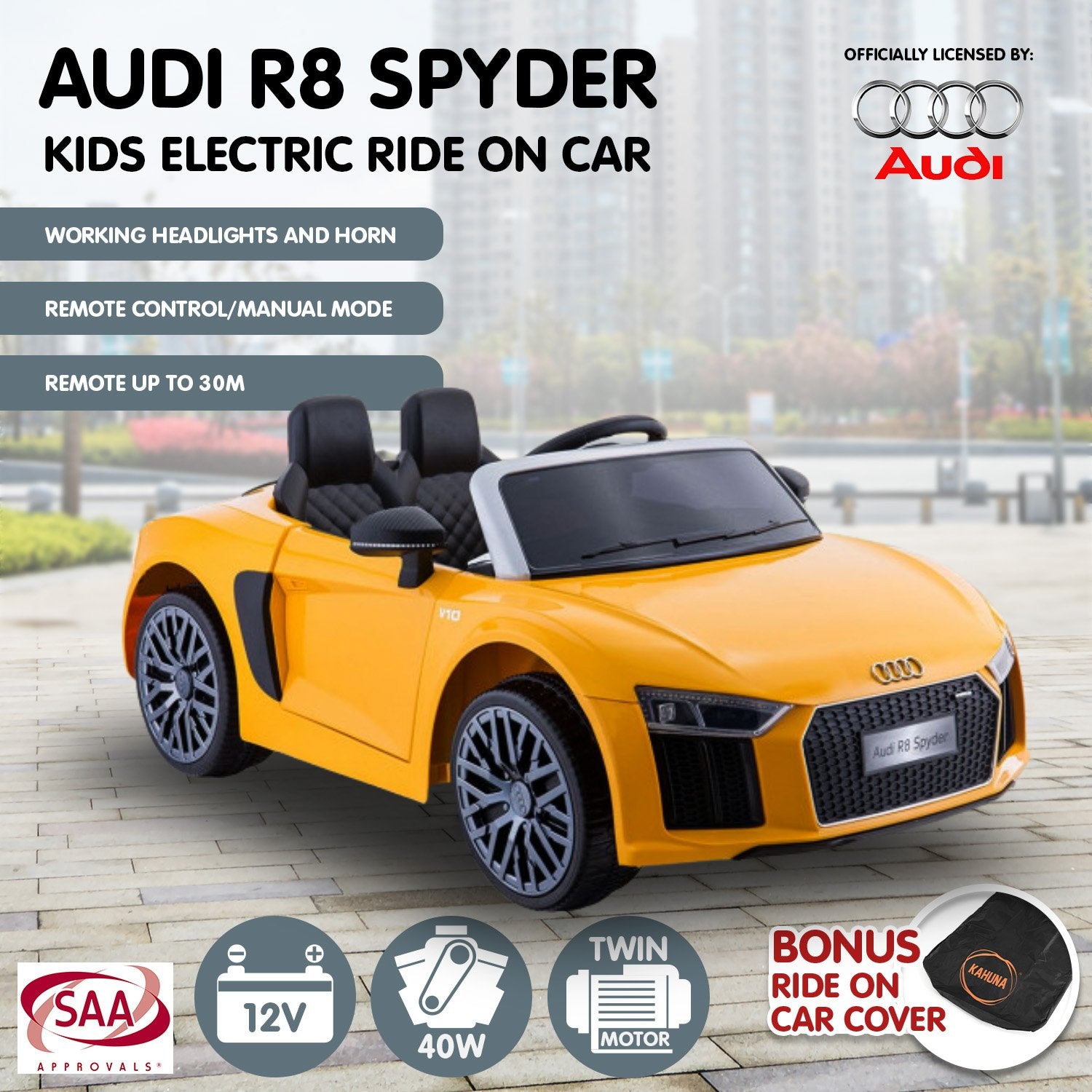 Kahuna R8 Spyder Audi Licensed Kids Electric Ride On Car Remote Control - Yellow 11