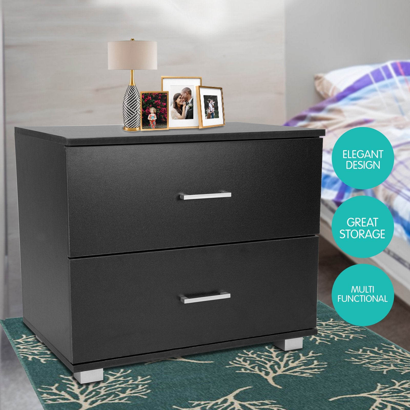 Sarantino Bedside Table Cabinet Storage Chest 2 Drawers Lamp Side Nightstand - Black 5