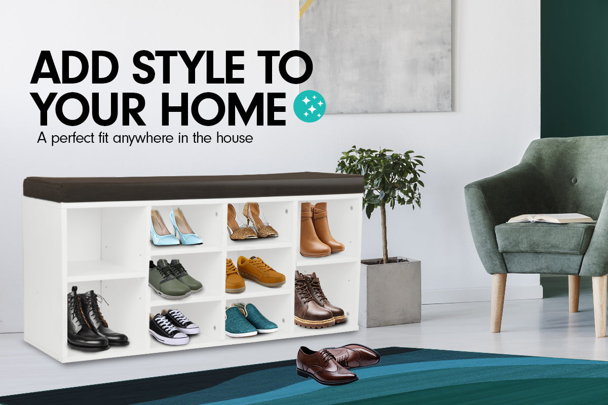 Sarantino Shoe Rack Cabinet Organiser Brown Cushion Bench Stool - 104 X 30 X 45 - White 3