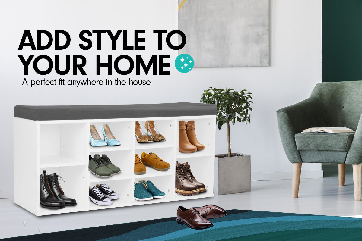 Sarantino Shoe Rack Cabinet Organiser Grey Cushion Sttol Bench Ottoman - 104 X 30 X 45 - White 3