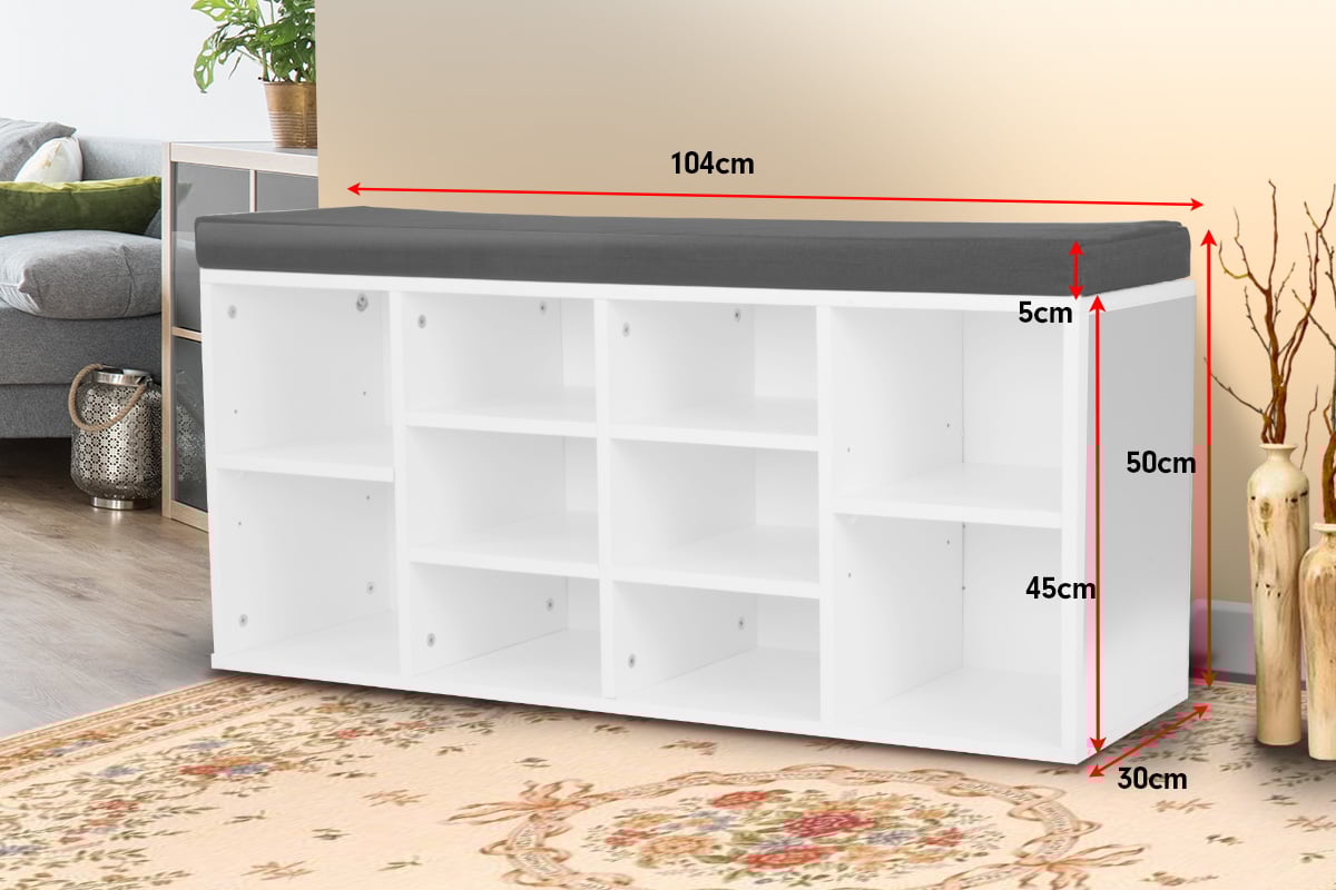 Sarantino Shoe Rack Cabinet Organiser Grey Cushion Sttol Bench Ottoman - 104 X 30 X 45 - White 4