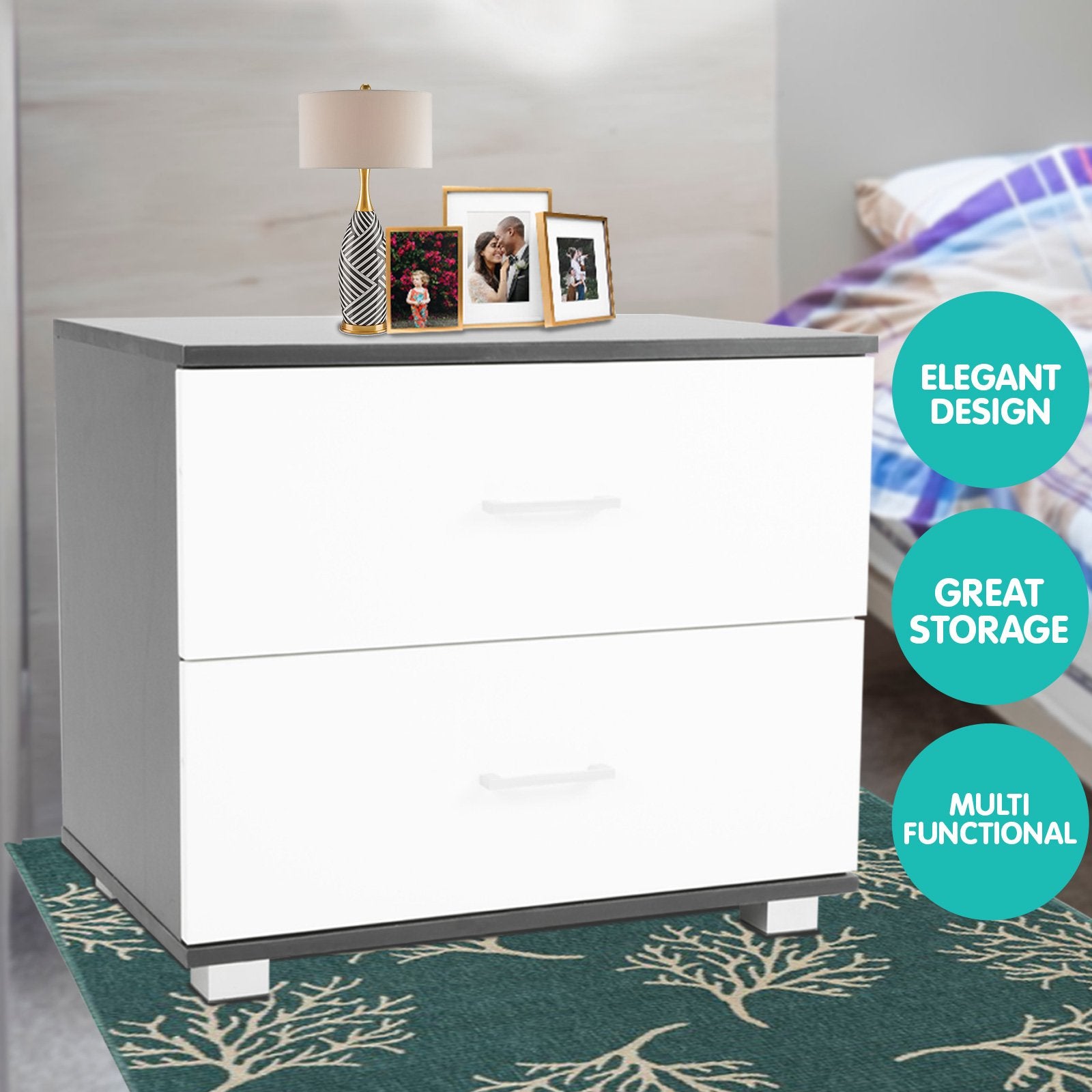 Sarantino Bedside Table Cabinet Storage Chest 2 Drawers Lamp Side Nightstand White Black 6