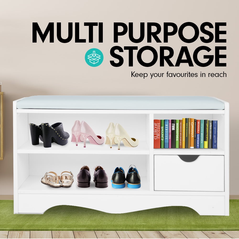 Sarantino Shoe Rack Cabinet Organiser Grey Cushion Stool Bench - 80 X 30 X 45 - White 3
