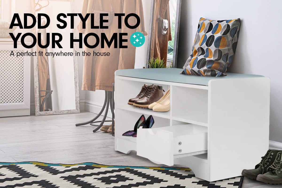Sarantino Shoe Rack Cabinet Organiser Grey Cushion Stool Bench - 80 X 30 X 45 - White 4