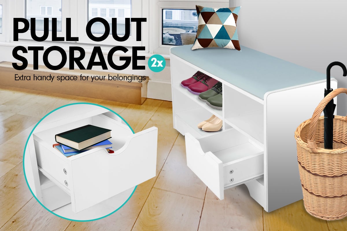 Sarantino Shoe Rack Cabinet Organiser Grey Cushion Stool Bench - 80 X 30 X 45 - White 6