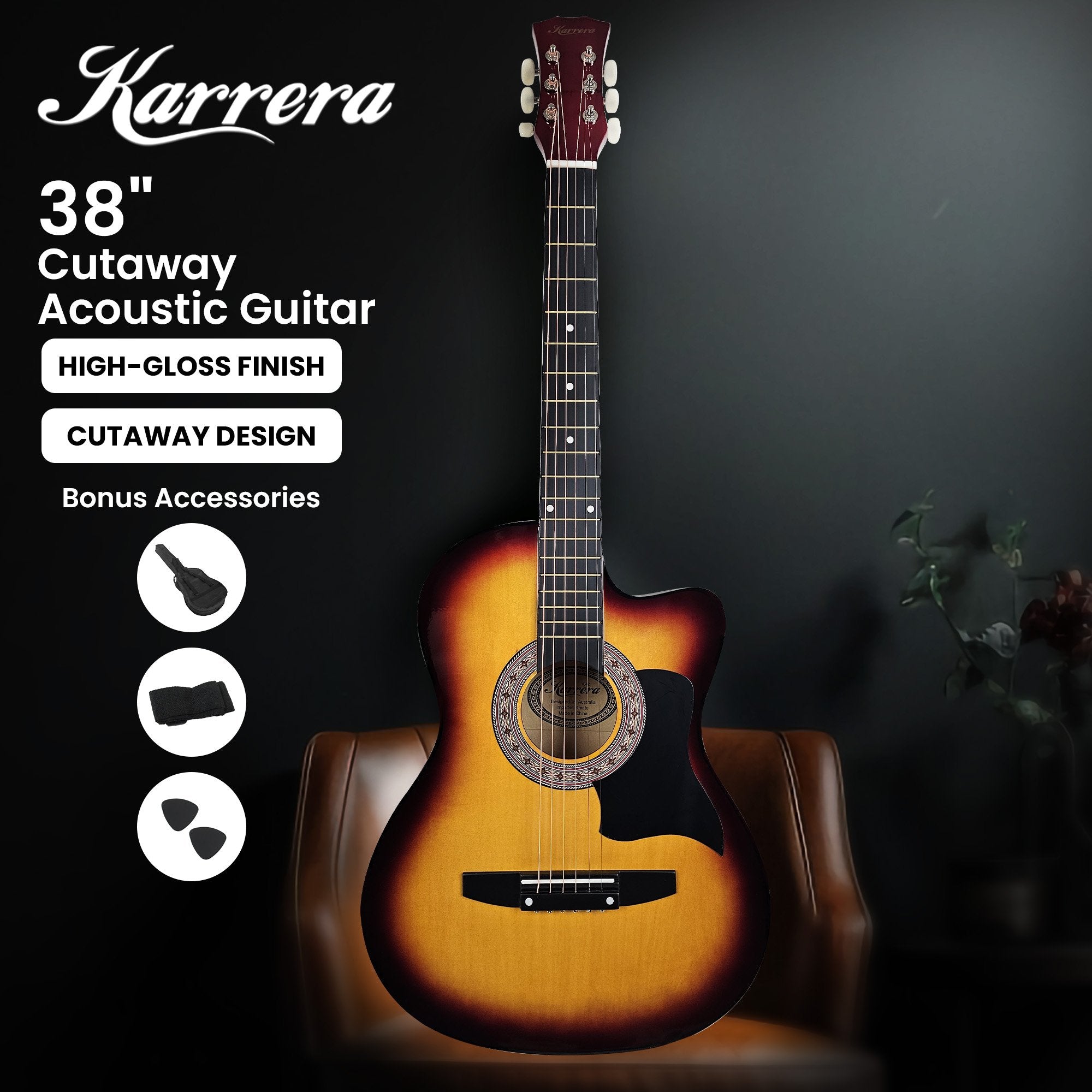 Karrera 38in Acoustic Guitar Steel Strings Carry Bag Shoulder Strap Sun Burst 9