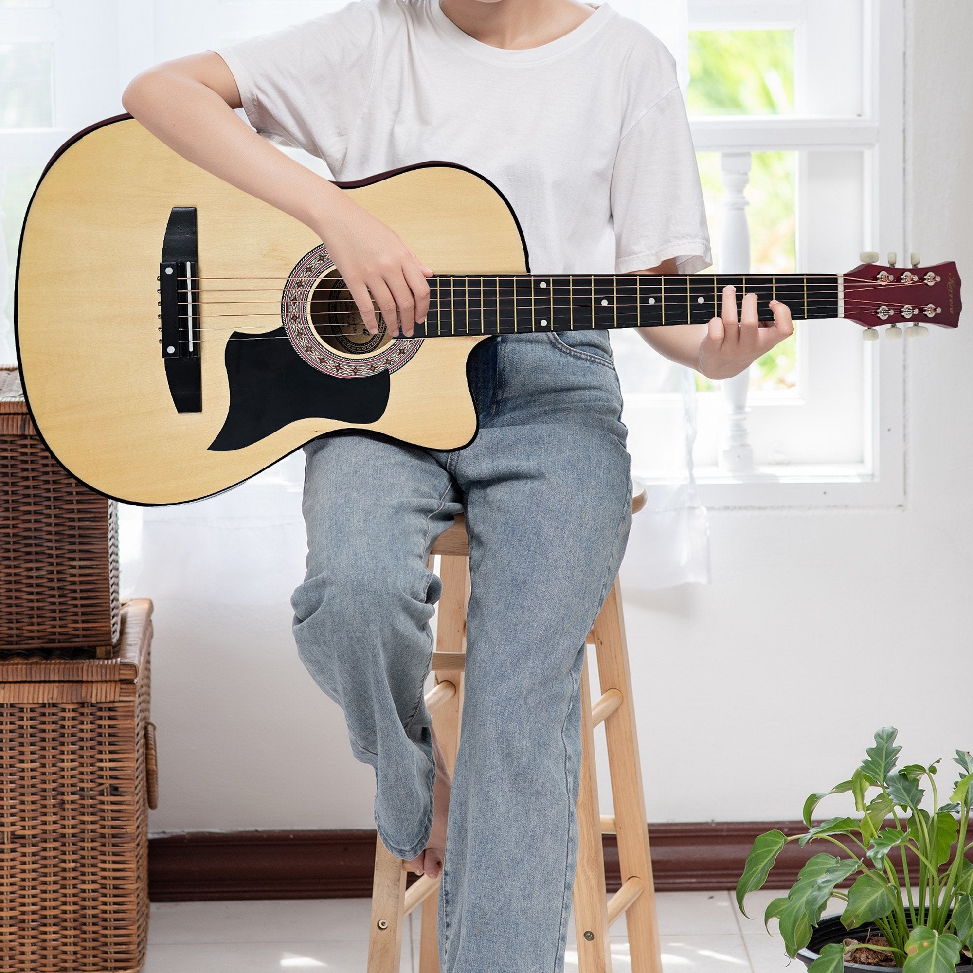 Karrera 38in Cutaway Acoustic Guitar with guitar bag - Natural 10