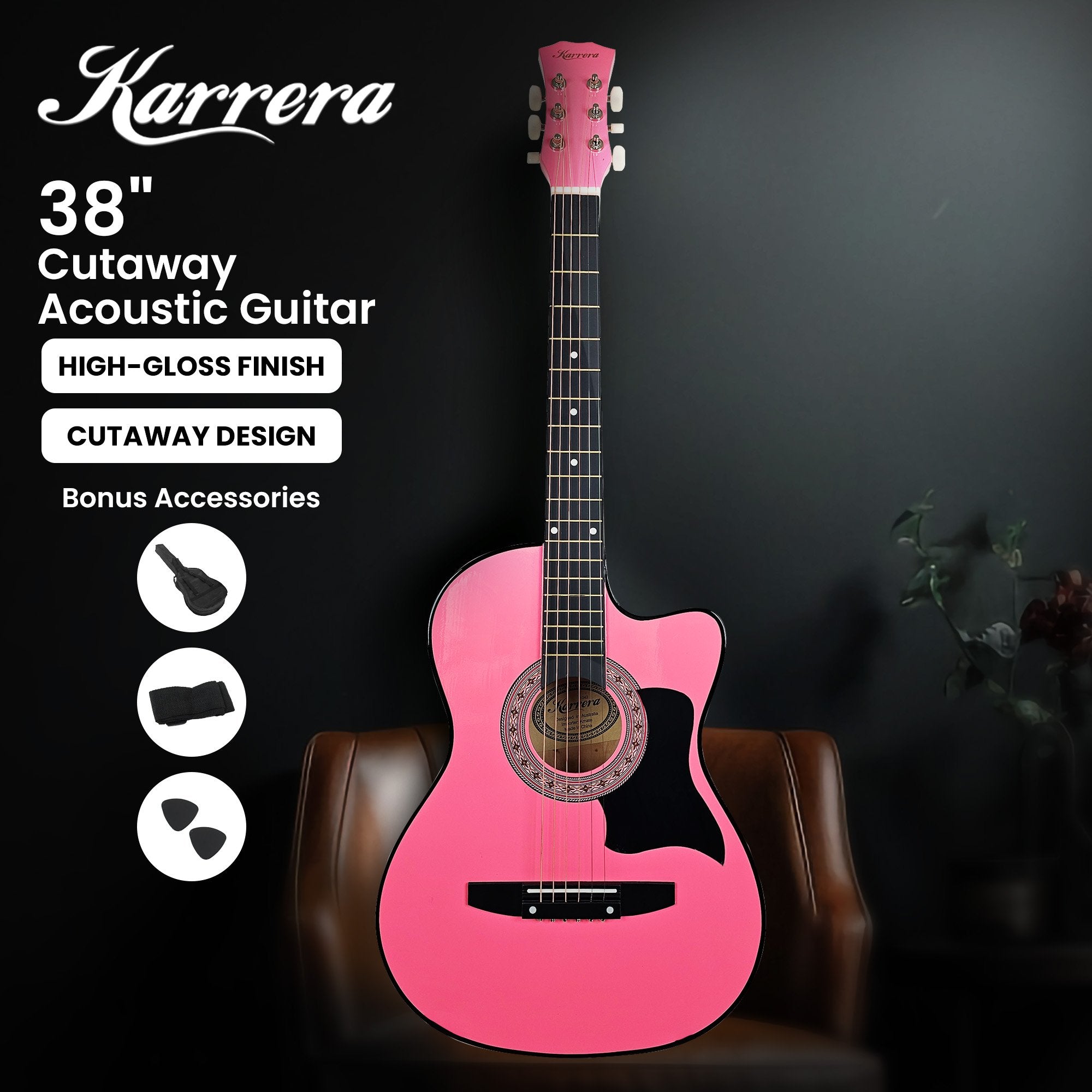 Karrera 38in Cutaway Acoustic Guitar with guitar bag - Pink 3