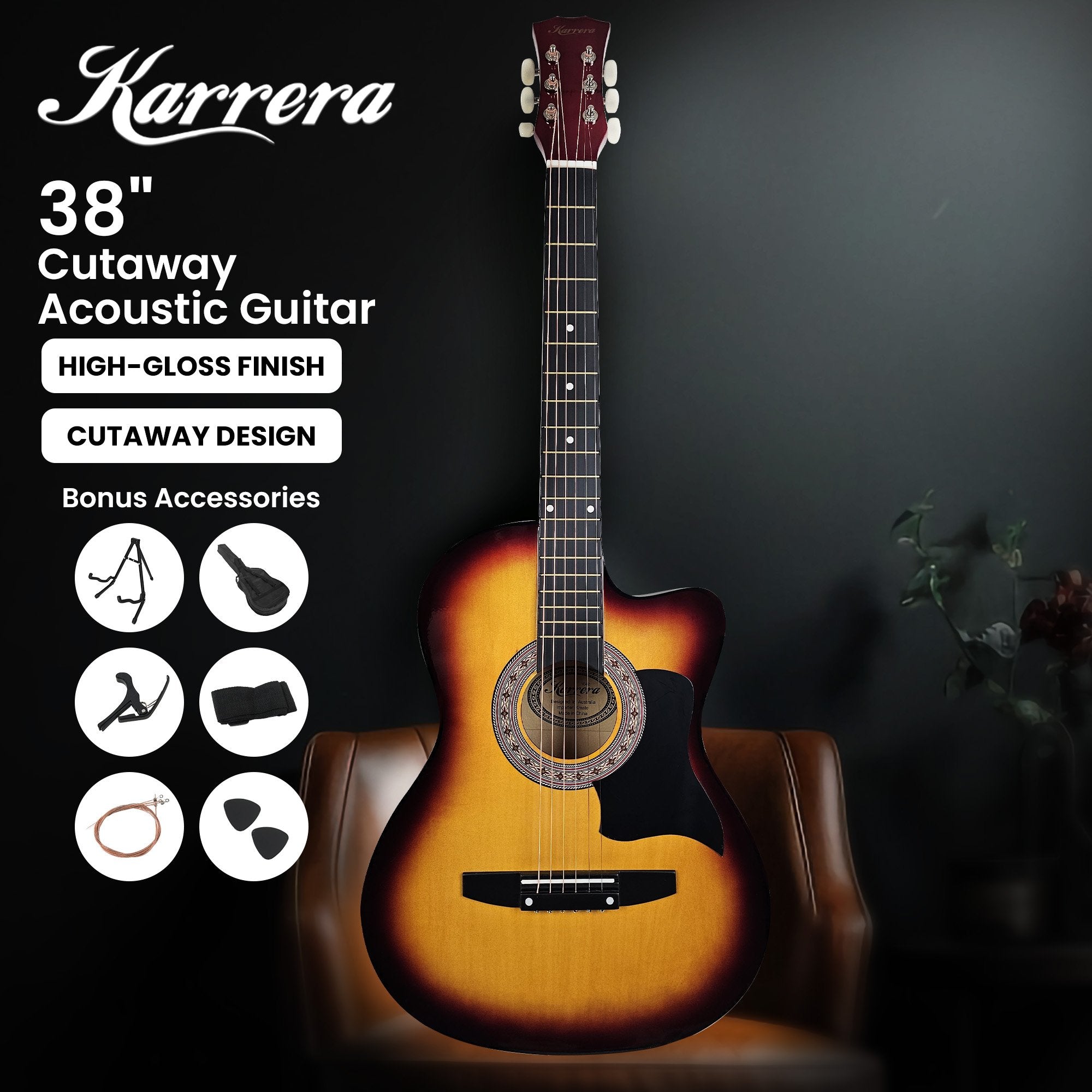 Karrera 38in Pro Cutaway Acoustic Guitar with Bag Strings - Sun Burst 3