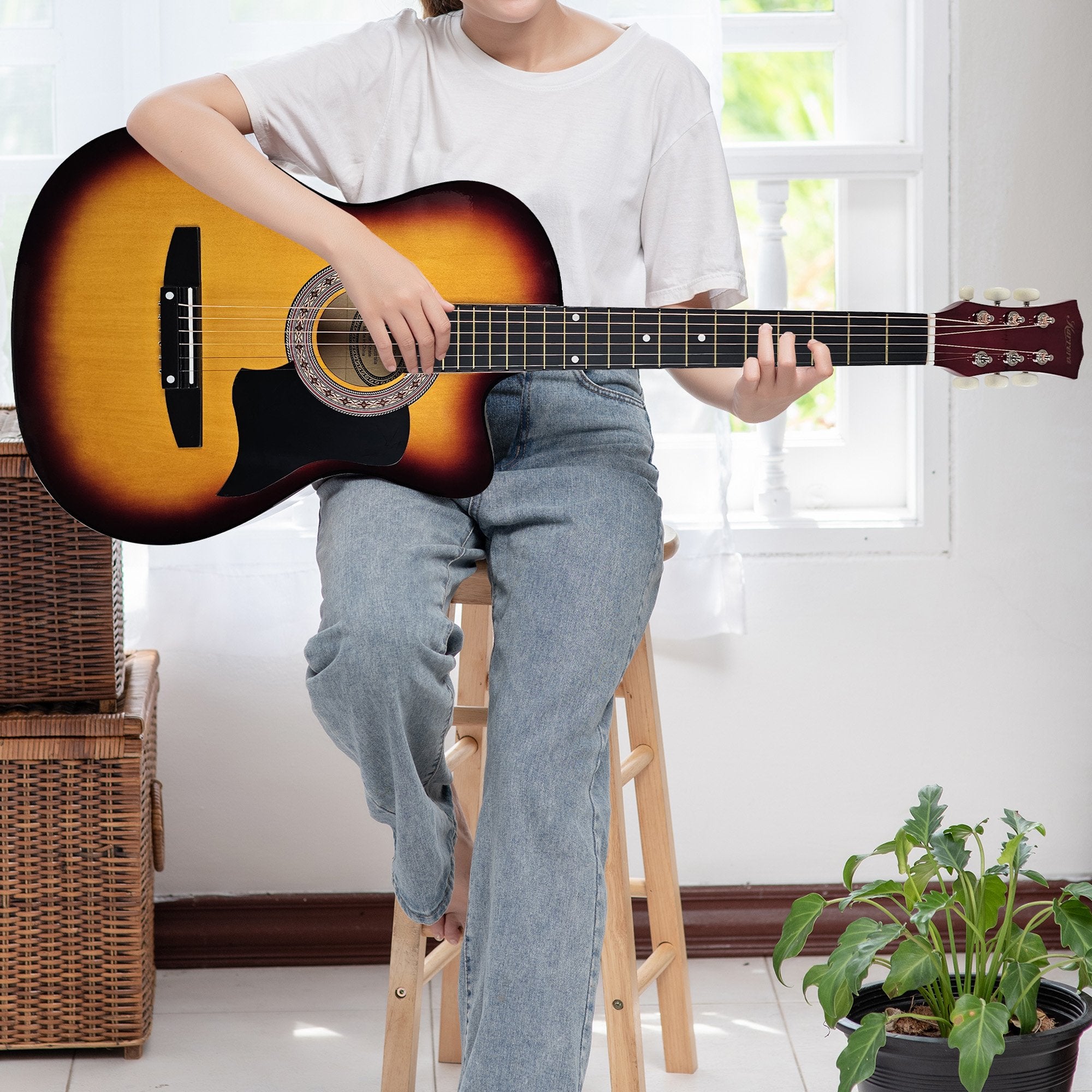 Karrera 38in Pro Cutaway Acoustic Guitar with Bag Strings - Sun Burst 10