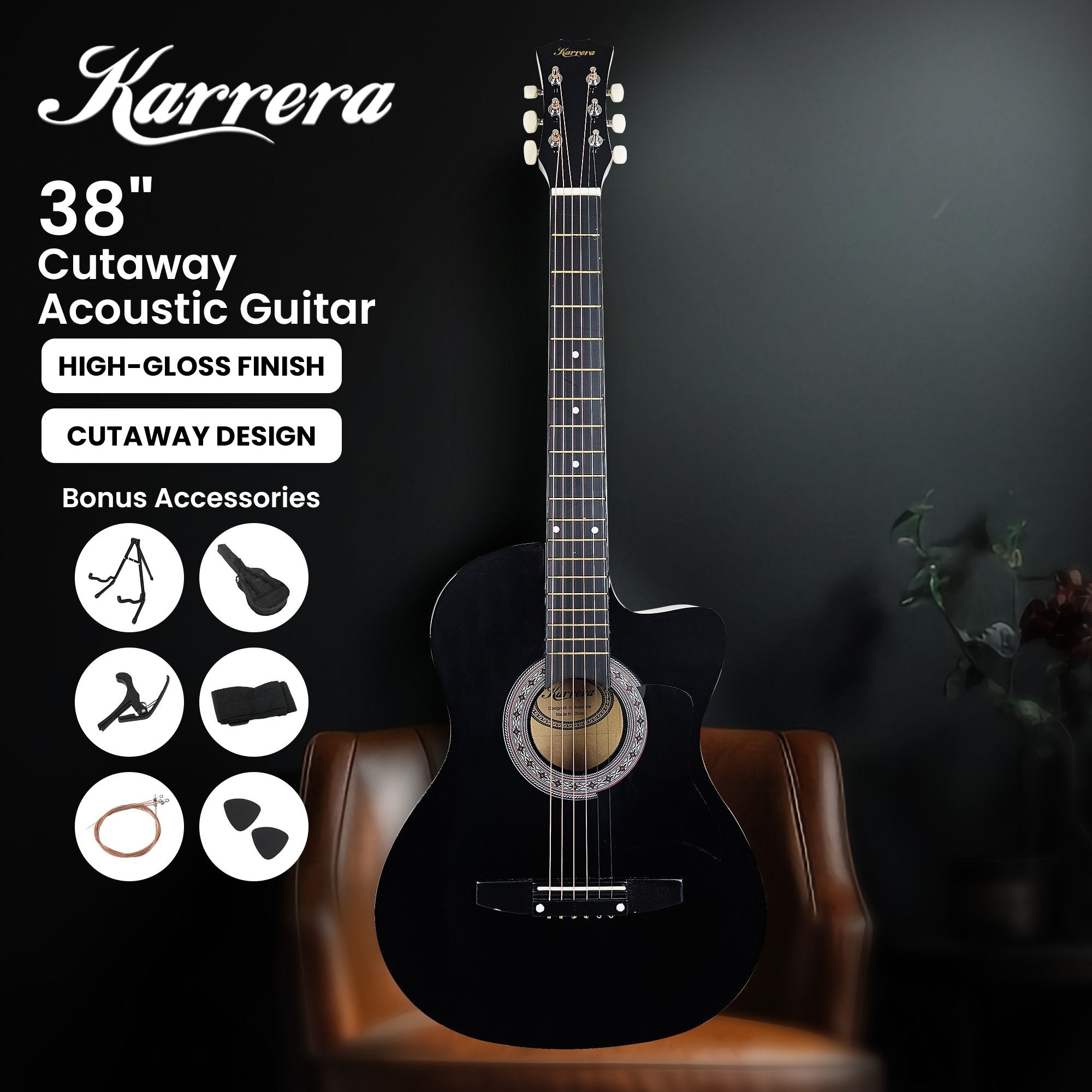 Karrera 38in Pro Cutaway Acoustic Guitar with Carry Bag - Black 3