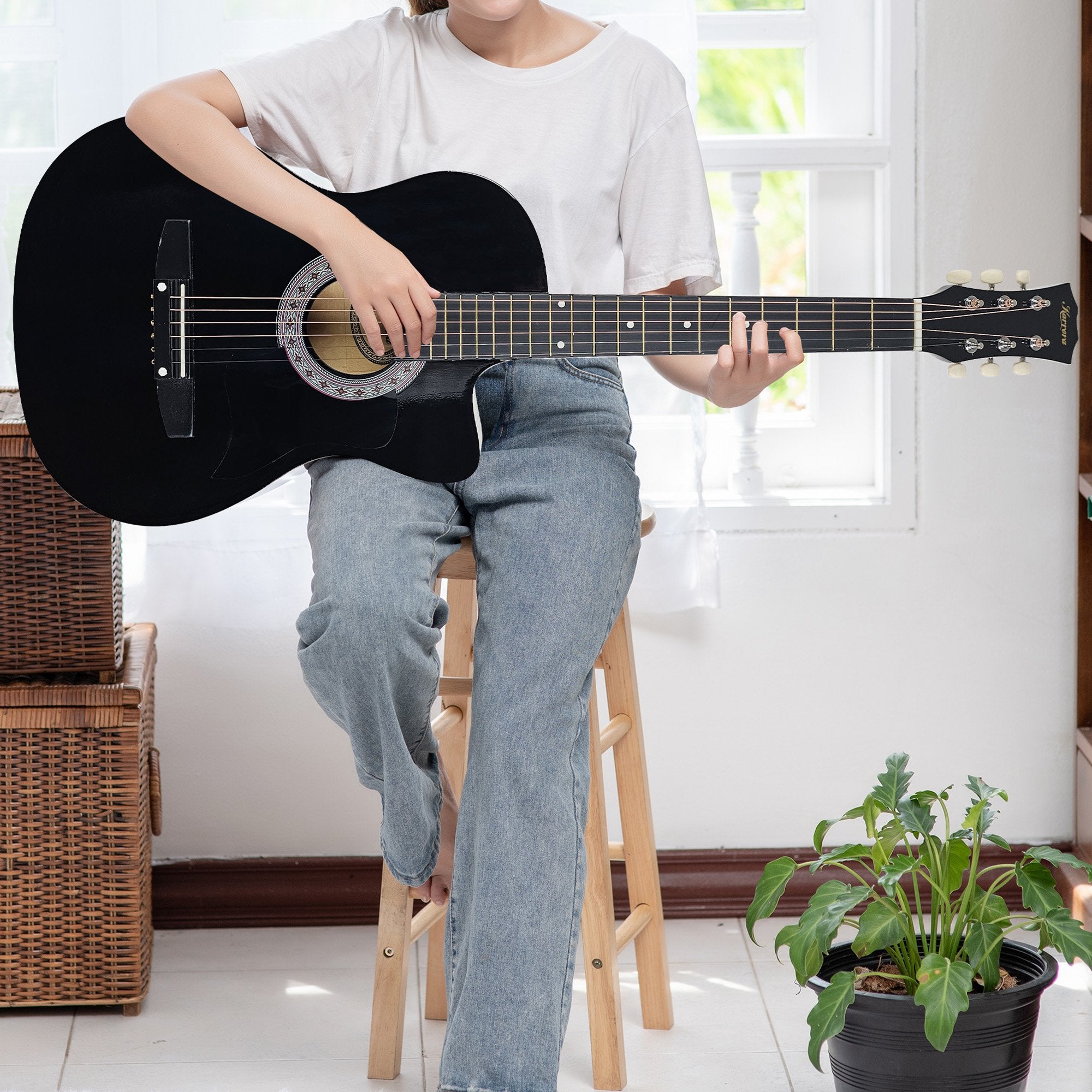 Karrera 38in Pro Cutaway Acoustic Guitar with Carry Bag - Black 10