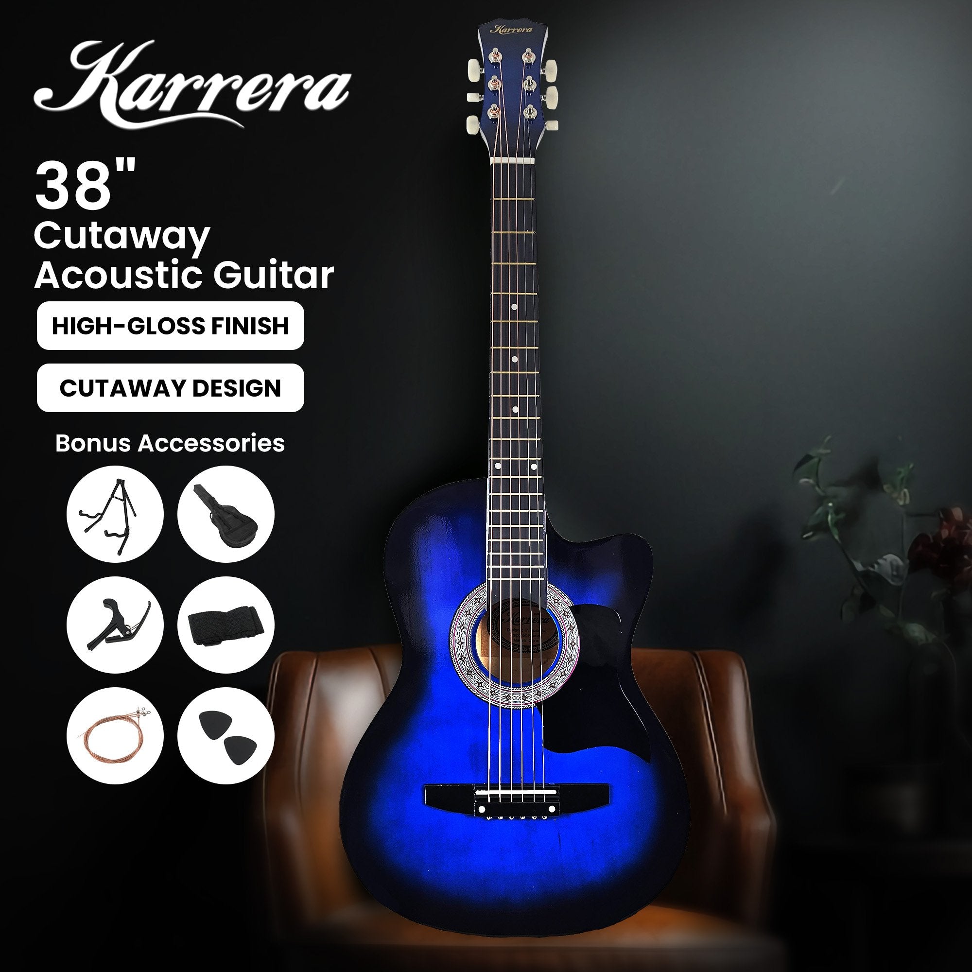 Karrera 38in Pro Cutaway Acoustic Guitar with Bag Strings - Blue Burst 3