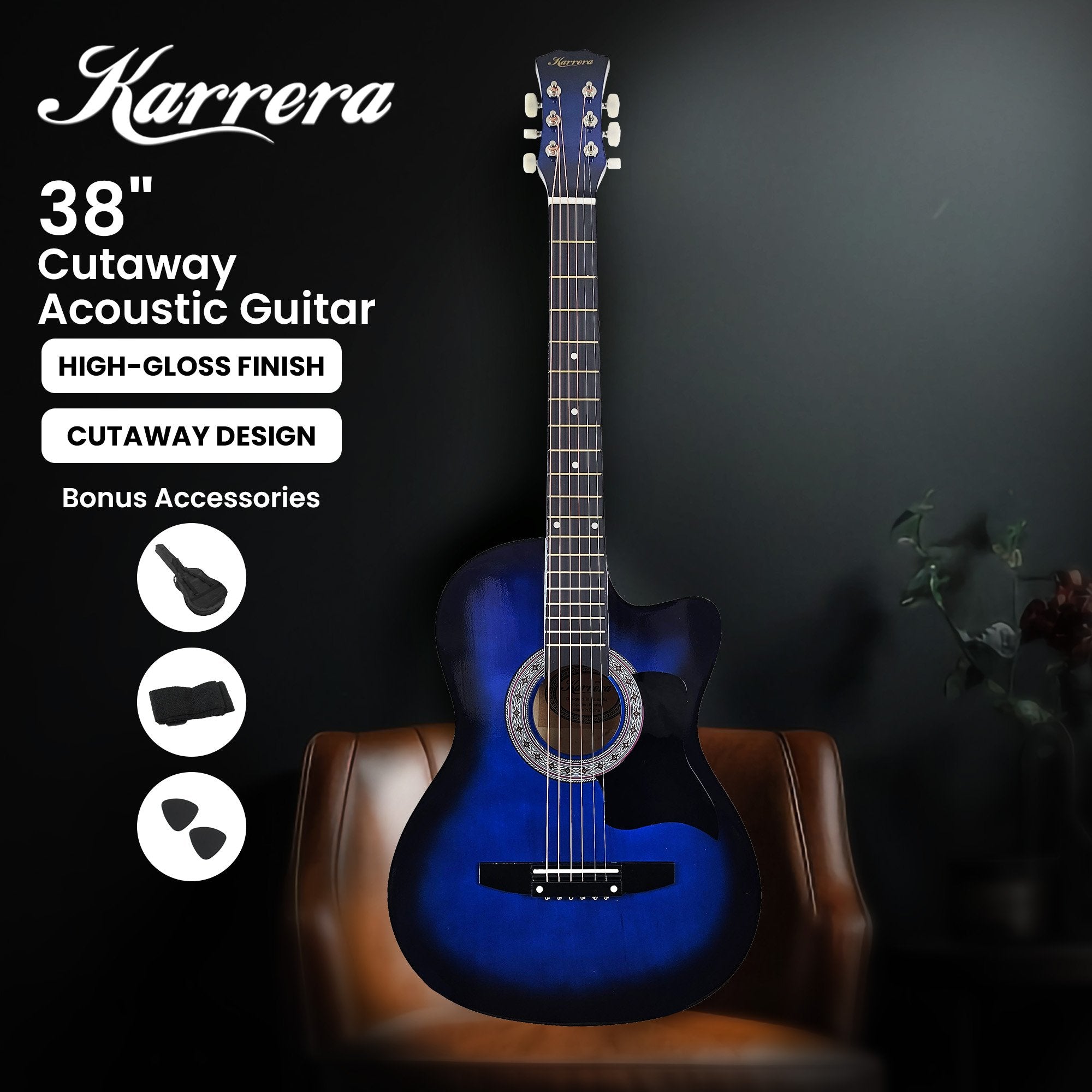 Karrera 38in Cutaway Acoustic Guitar with guitar bag - Blue Burst 4