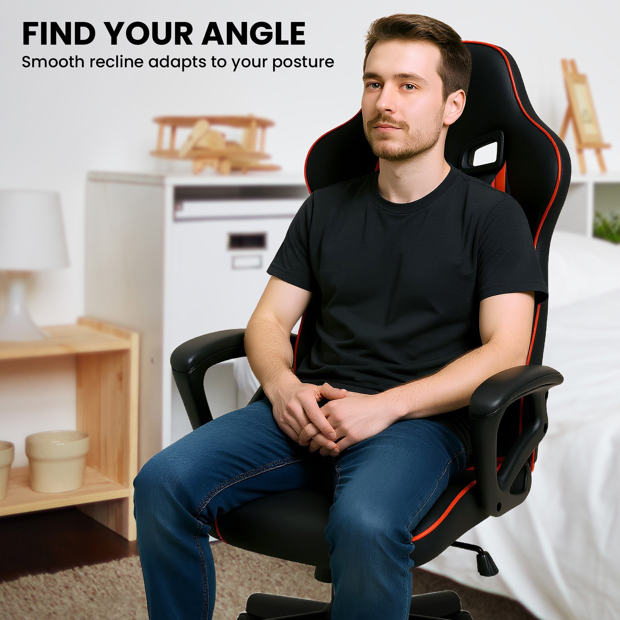 Sarantino Fayzo Racing Reclining Office Gaming Chair Black And Red Adjustable Computer Desk Seat With Adjustable Height, Breathable Mesh Back, Padded Armrests 5