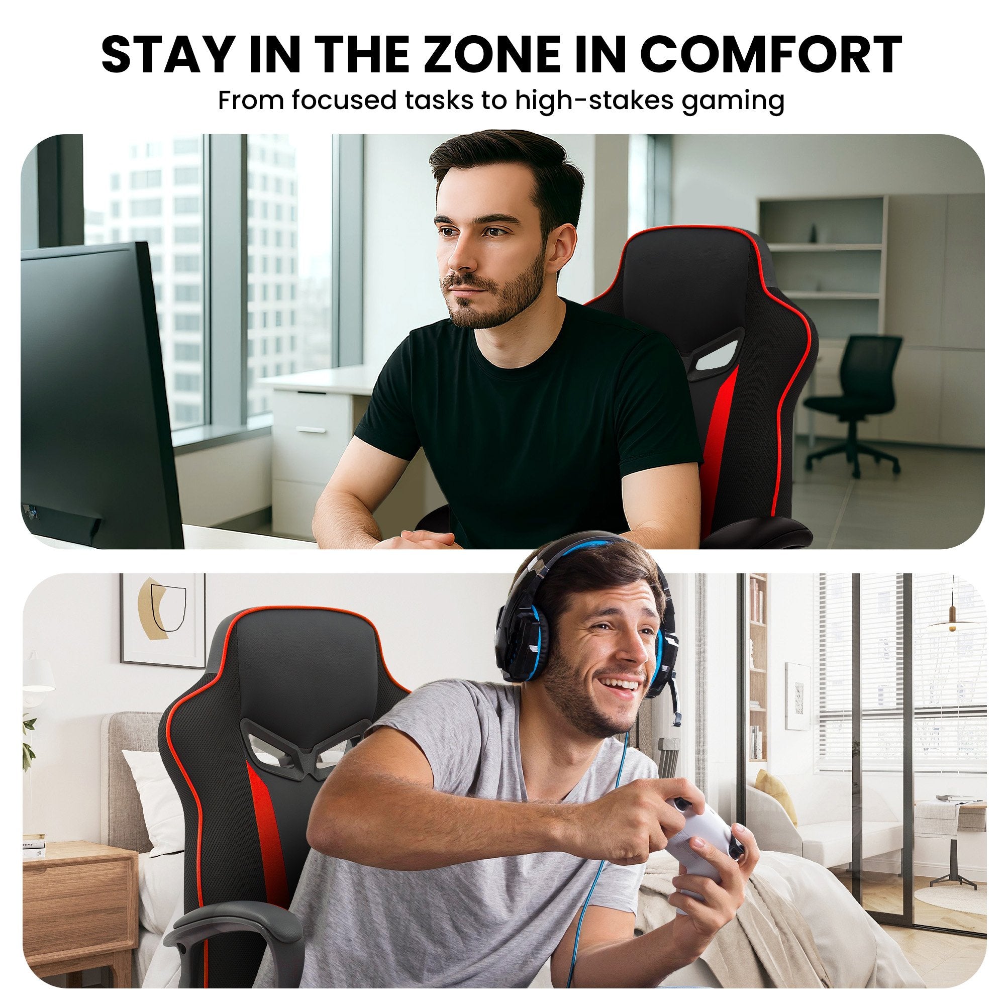 Sarantino Fayzo Racing Reclining Office Gaming Chair Black And Red Adjustable Computer Desk Seat With Adjustable Height, Breathable Mesh Back, Padded Armrests 6