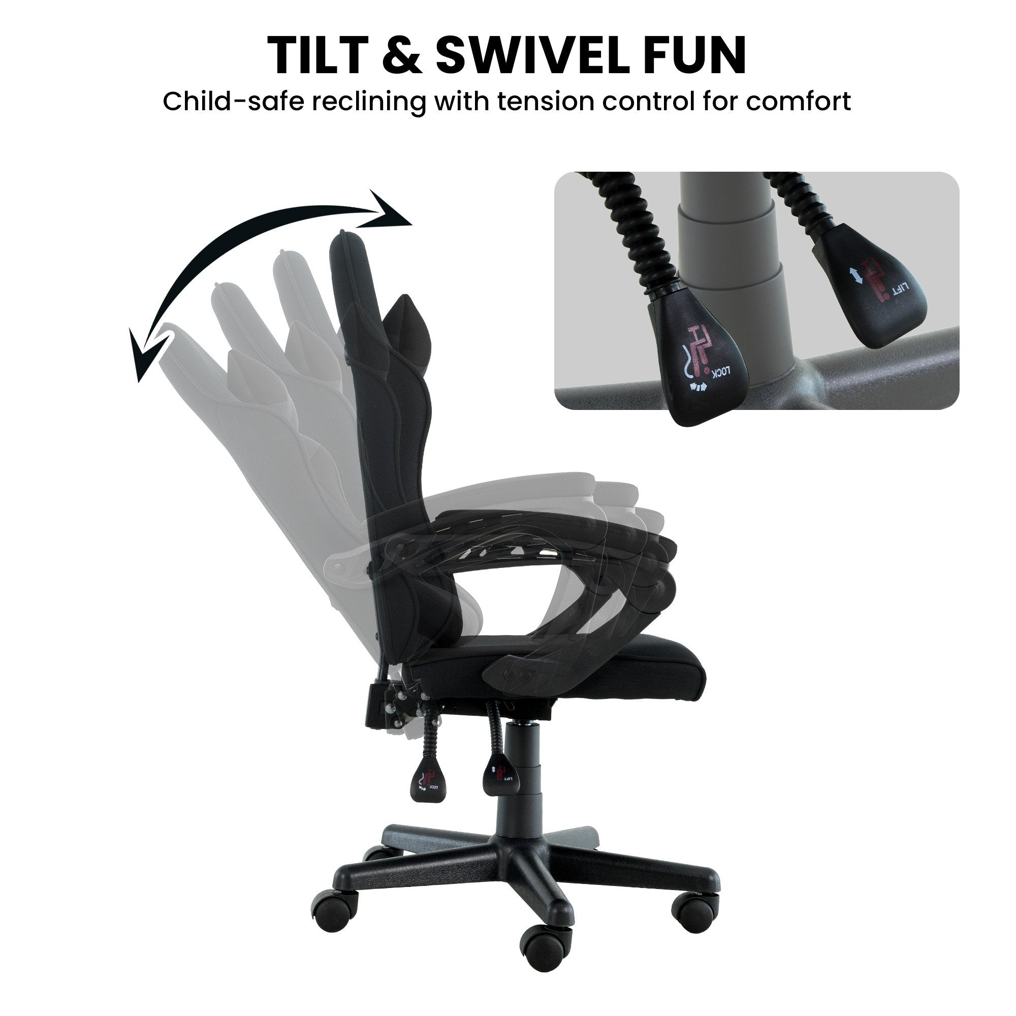 Sarantino Antre Kids Study Gaming Chair Black Adjustable Computer Desk Seat Racing Inspired-look With Adjustable Height, Ergonomic Back Support, Padded Armrests 7