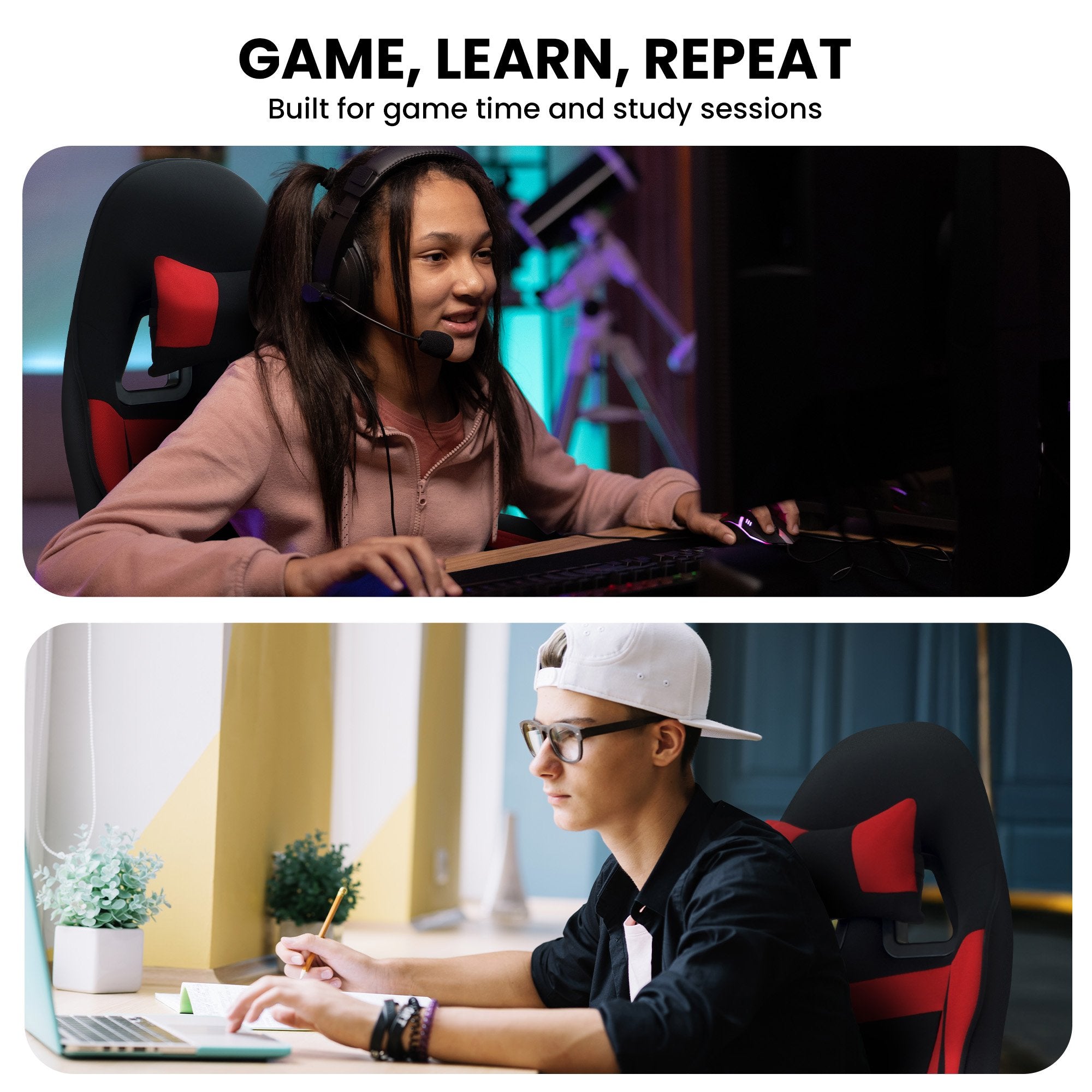 Sarantino Antre Kids Study Gaming Chair Black Red Computer Desk Seat Adjustable Height, Ergonomic Back Support, Padded Armrests 5