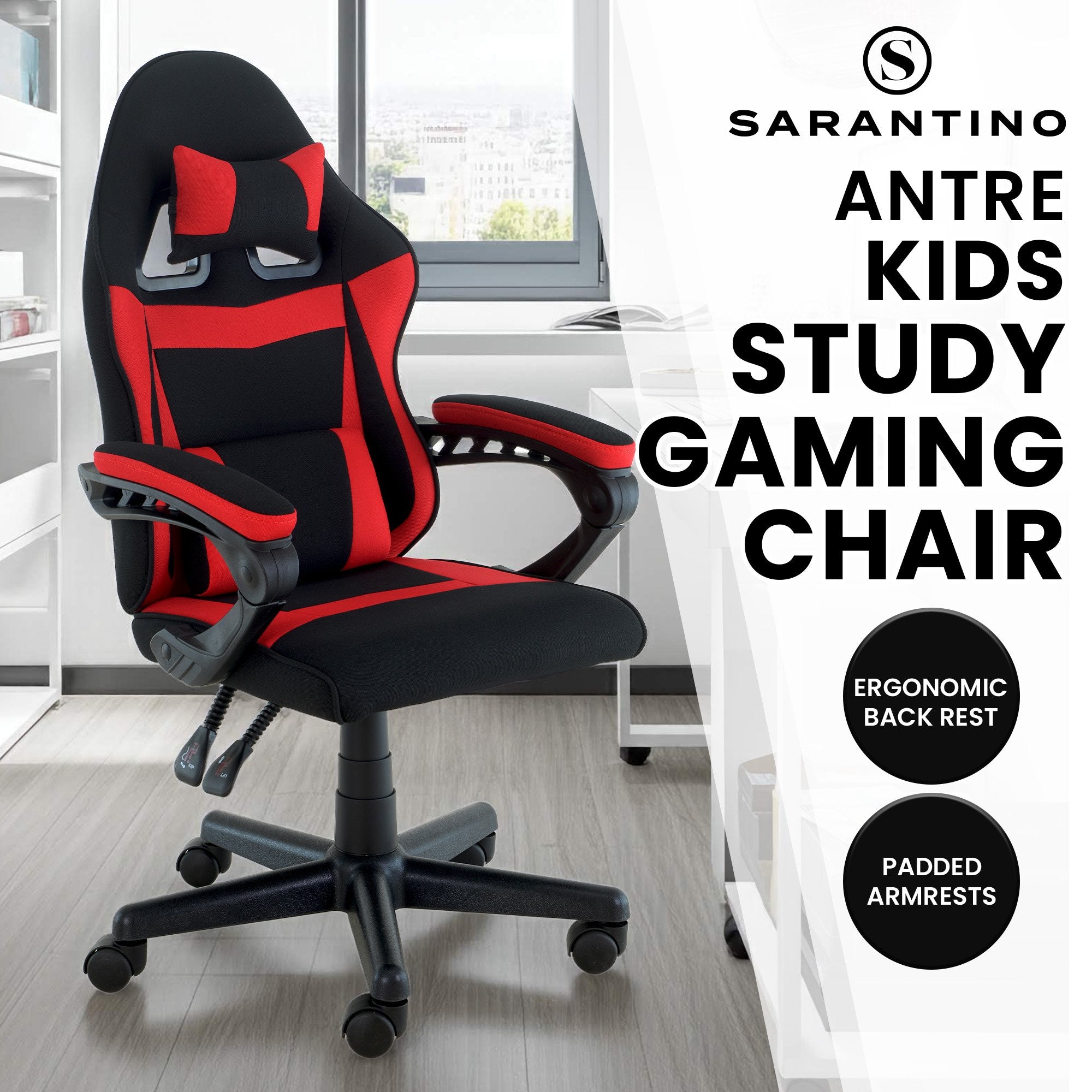 Sarantino Antre Kids Study Gaming Chair Black Red Computer Desk Seat Adjustable Height, Ergonomic Back Support, Padded Armrests 9