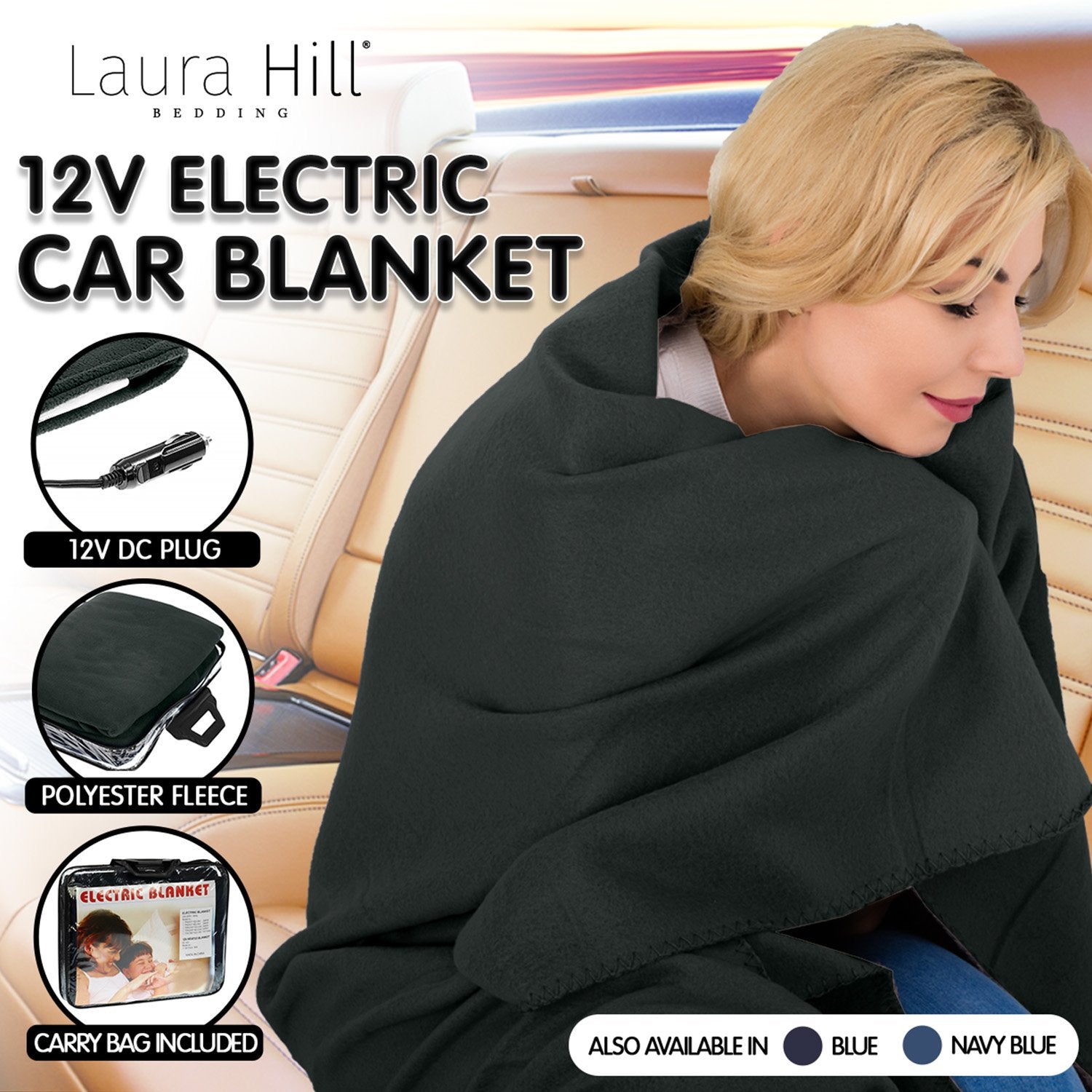 Laura Hill Heated Electric Car Blanket 150x110cm 12v - Black 11