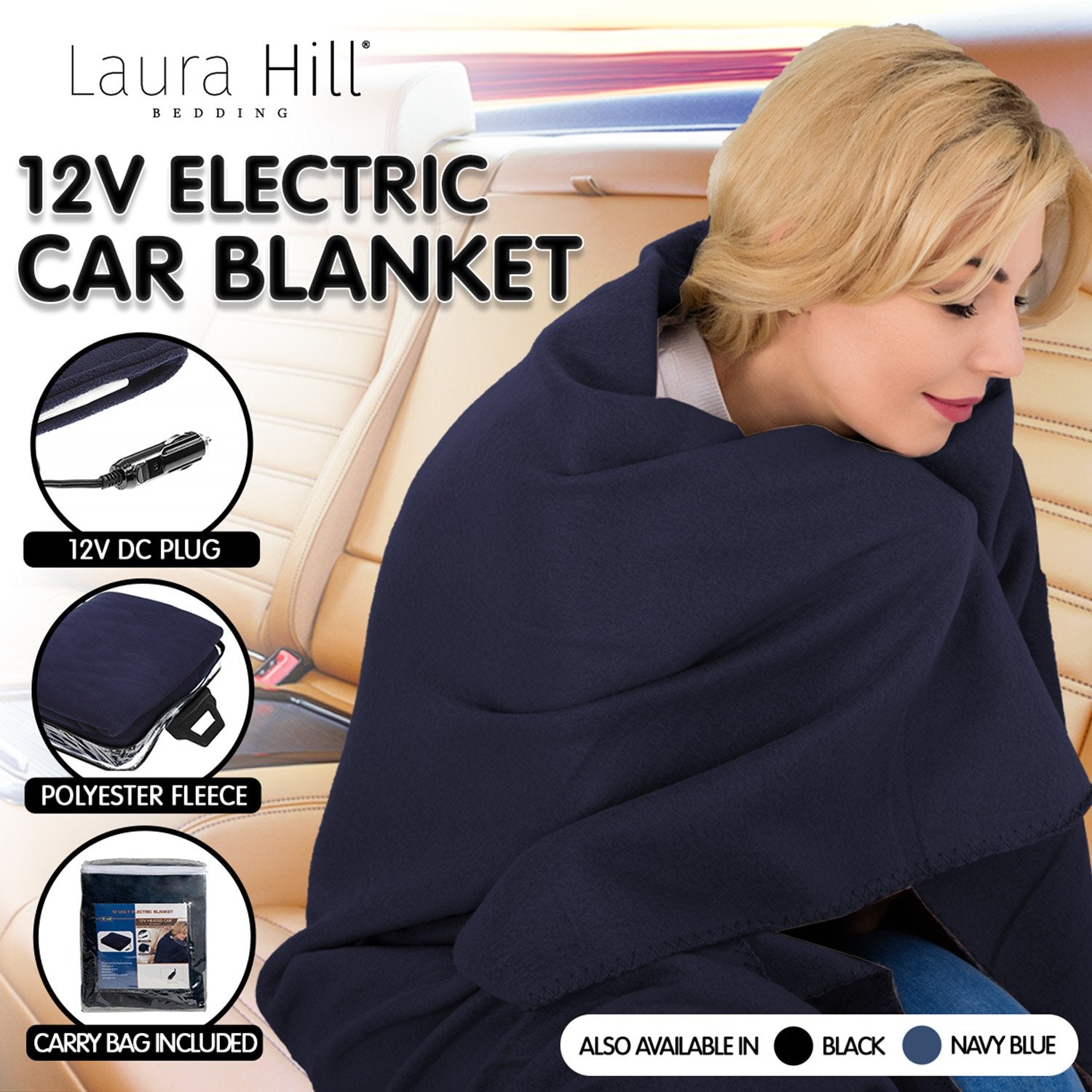 Laura Hill Heated Electric Car Blanket 150x110cm 12v - Blue 6