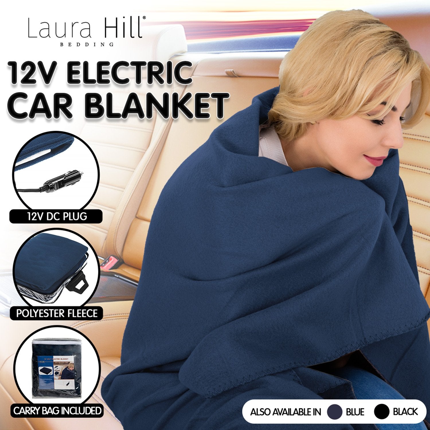 Laura Hill Heated Electric Car Blanket 150x110cm 12v - Navy Blue 9