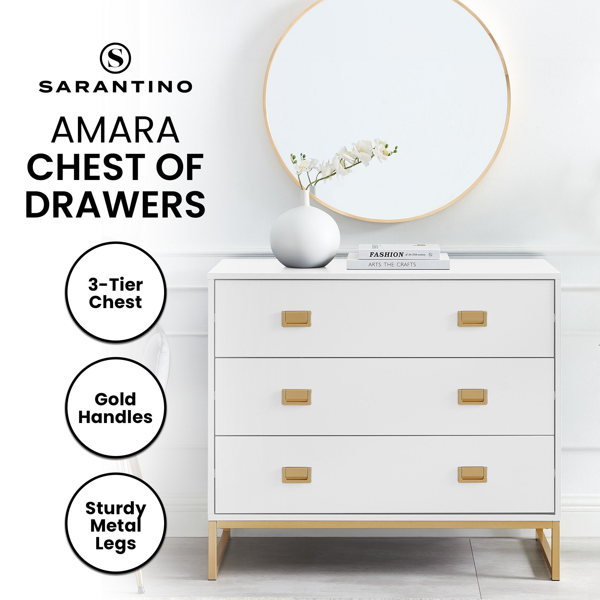 Sarantino Amara Chest of Drawers Tallboy Dresser in White/Gold 10