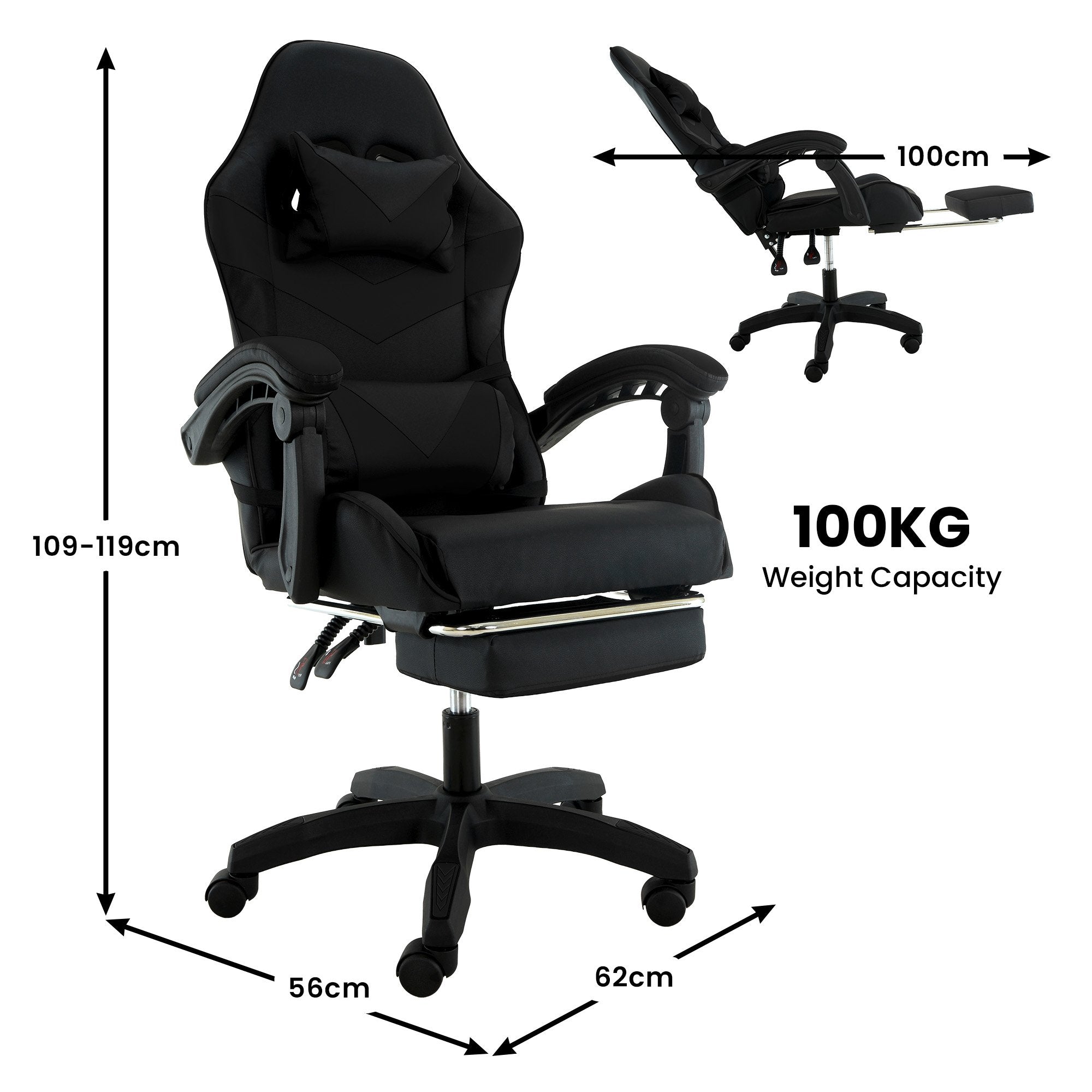 Sarantino Cueva Reclining High Back Office Gaming Chair Black Retractable Footrest Computer Seat 4