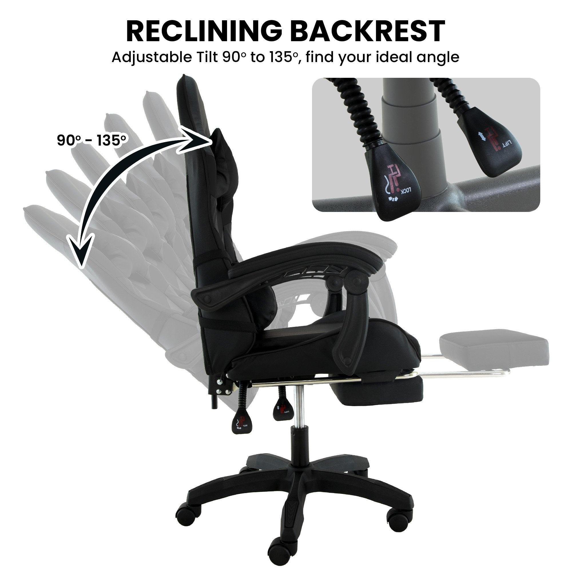 Sarantino Cueva Reclining High Back Office Gaming Chair Black Retractable Footrest Computer Seat 7
