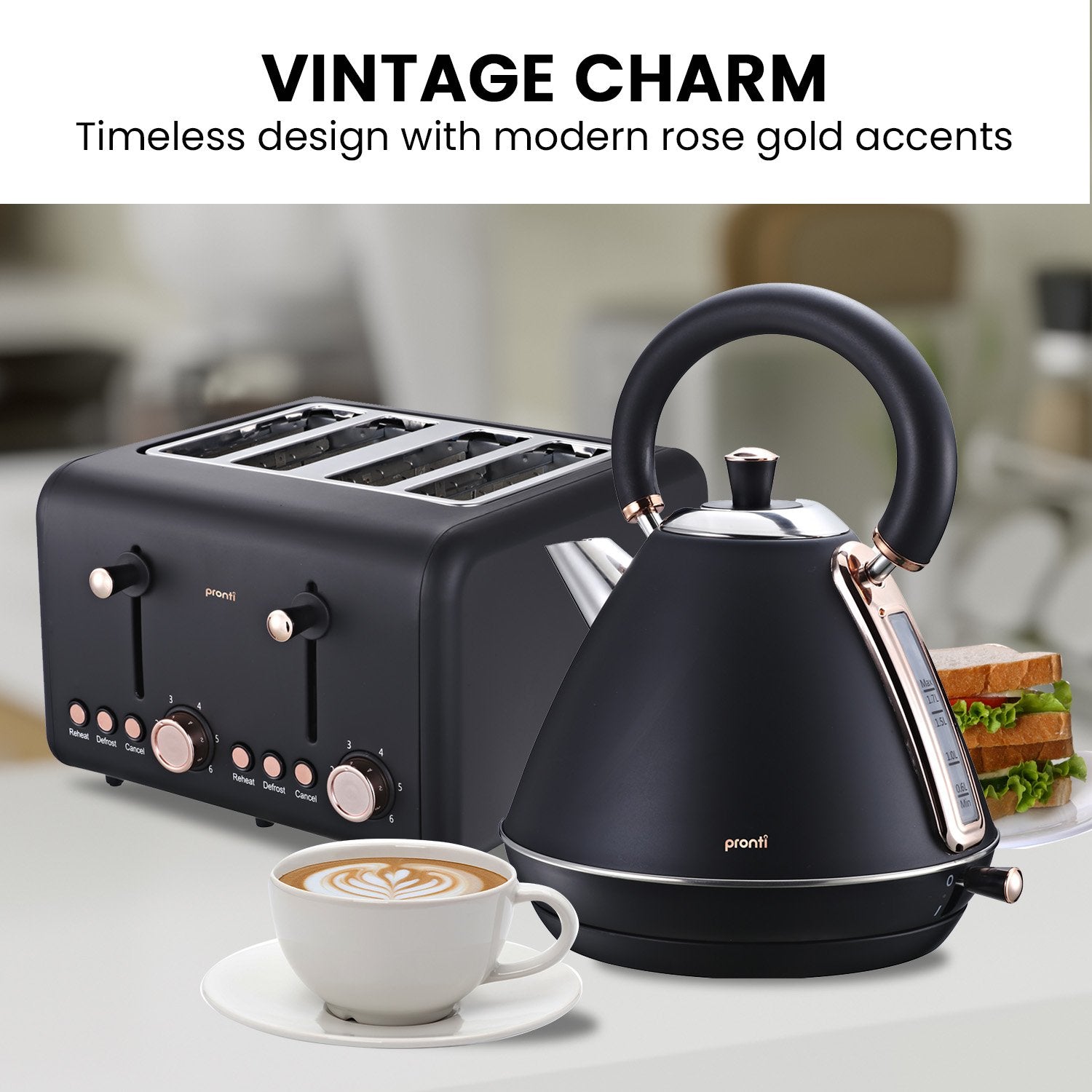 Pronti Toaster, Kettle & Coffee Machine Breakfast Set - Black 3