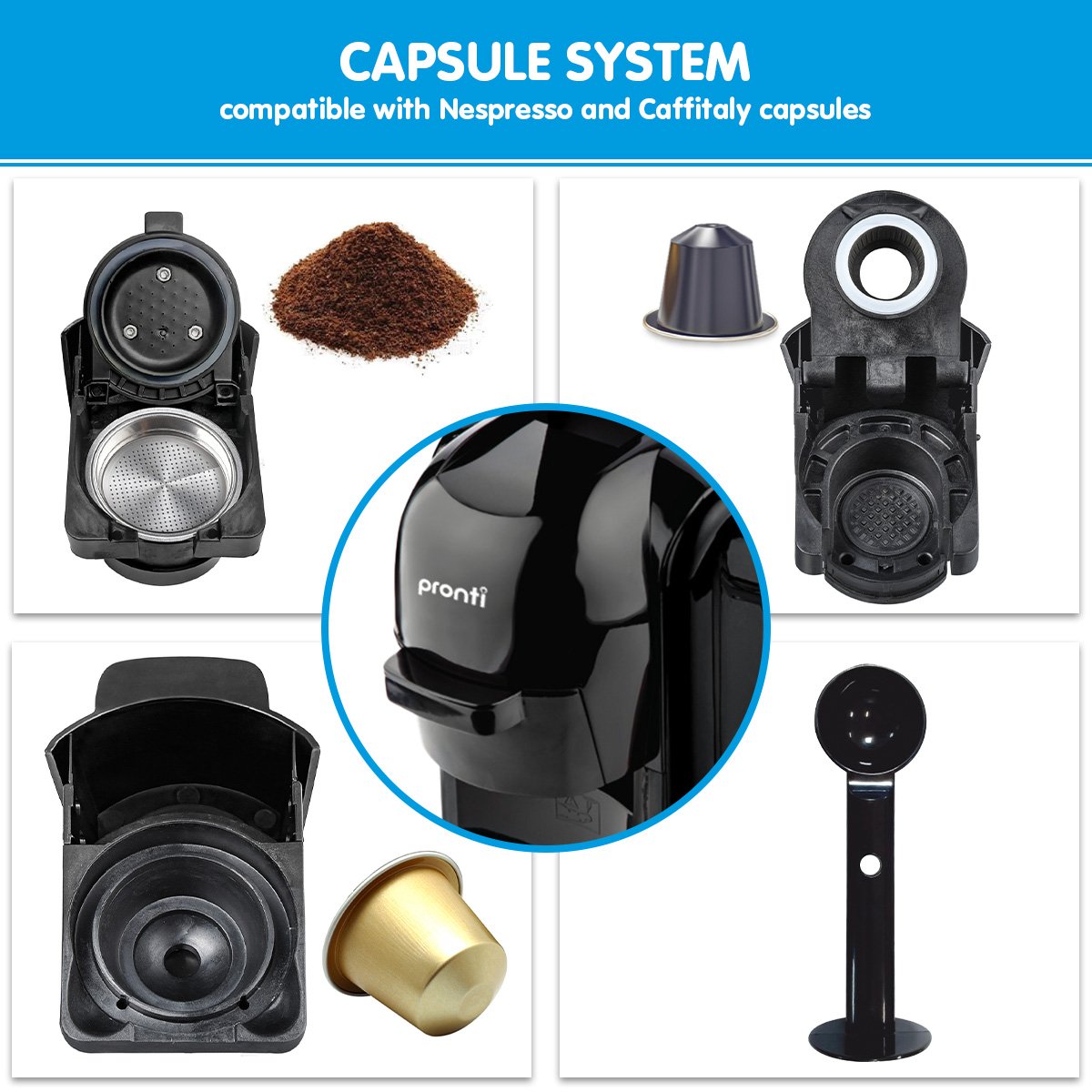 Pronti HomeMaid 3-in-1 Coffee Machine Multi-Capsule Pods and Ground Coffee Nespresso & Caffitaly Compatible CM-511HM 5