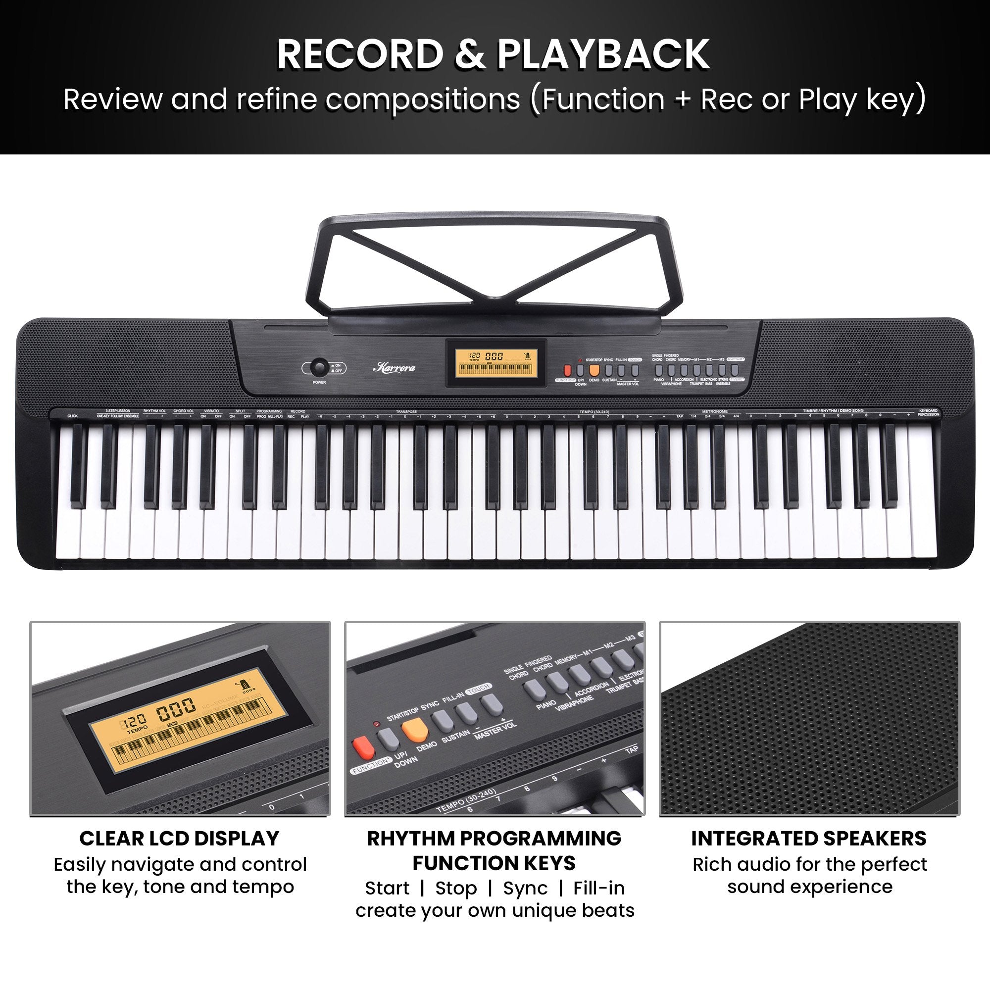 Karrera 61-Key Electronic Keyboard with LCD and Touch Response in Black CHJ-291 7