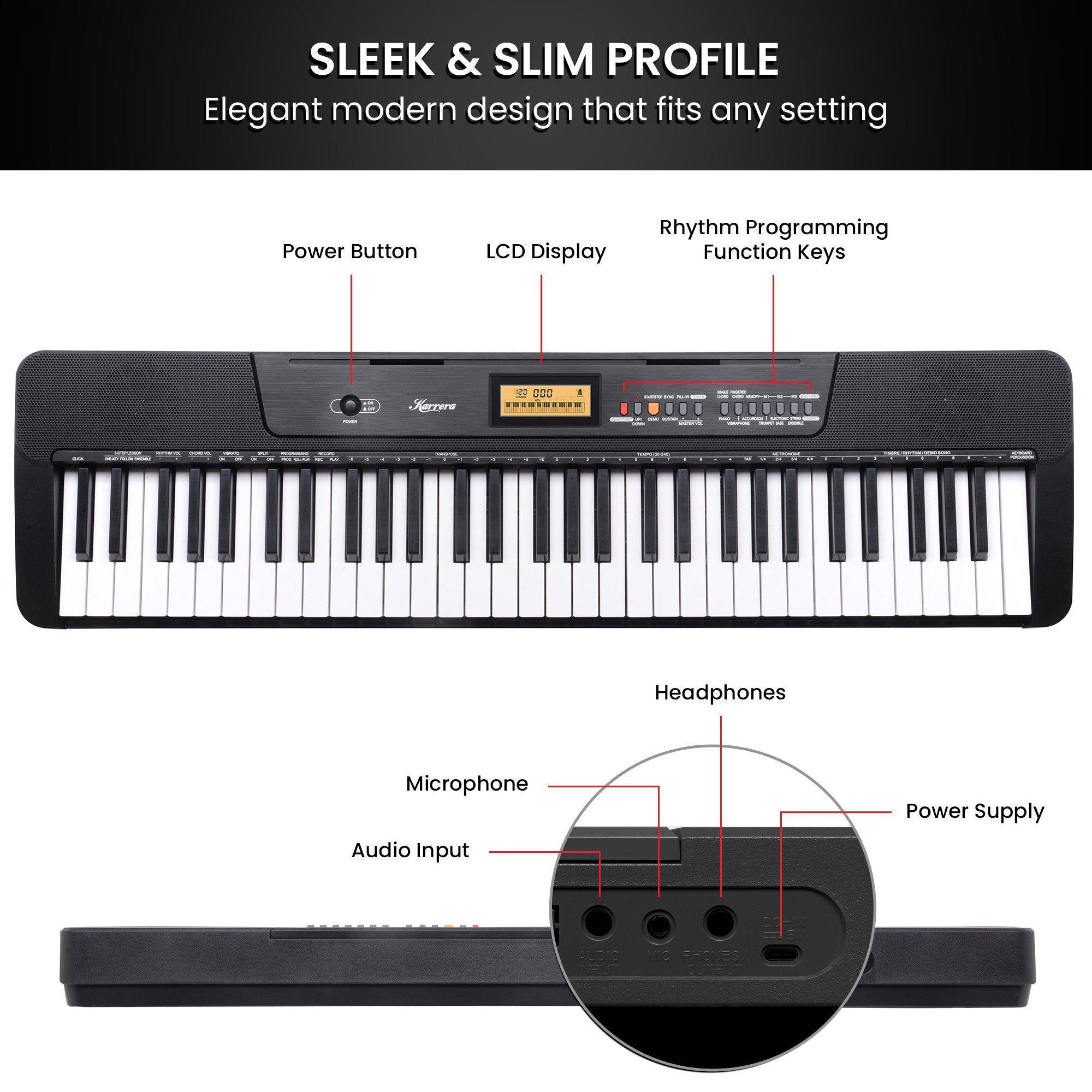 Karrera 61-Key Electronic Keyboard with LCD and Touch Response in Black CHJ-291 8