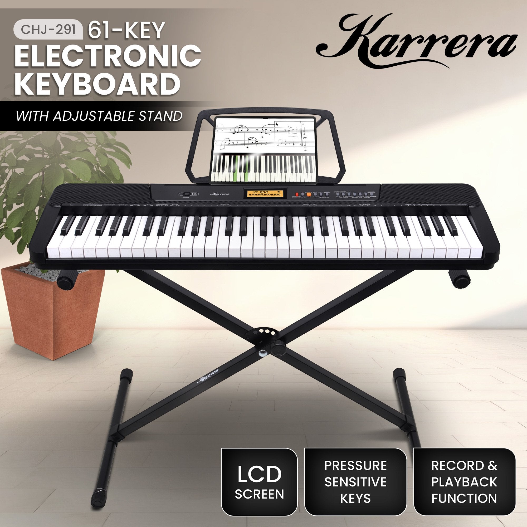 Karrera 61-Key Electronic Keyboard with LCD and Touch Response in Black CHJ-291 12