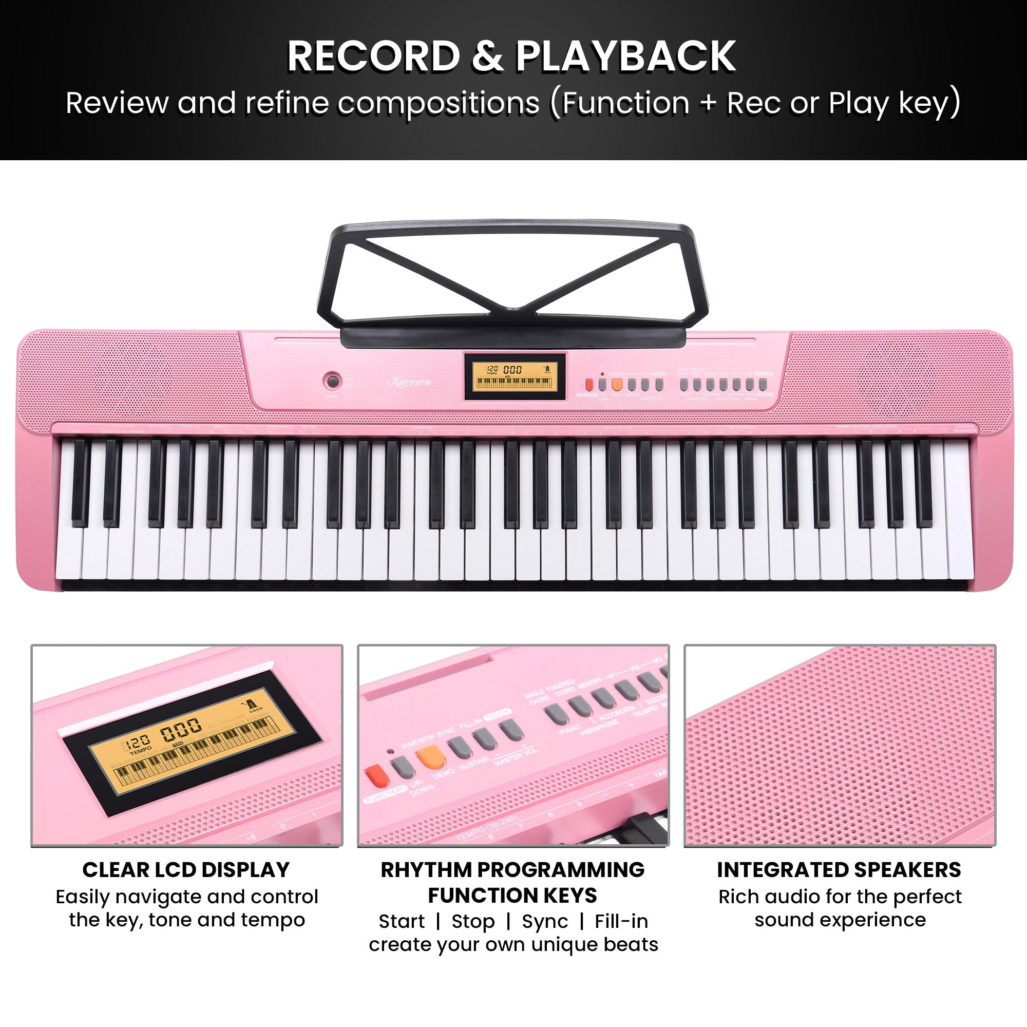 Karrera 61-Key Electronic Keyboard with LCD and Touch Response in Pink CHJ-291 7