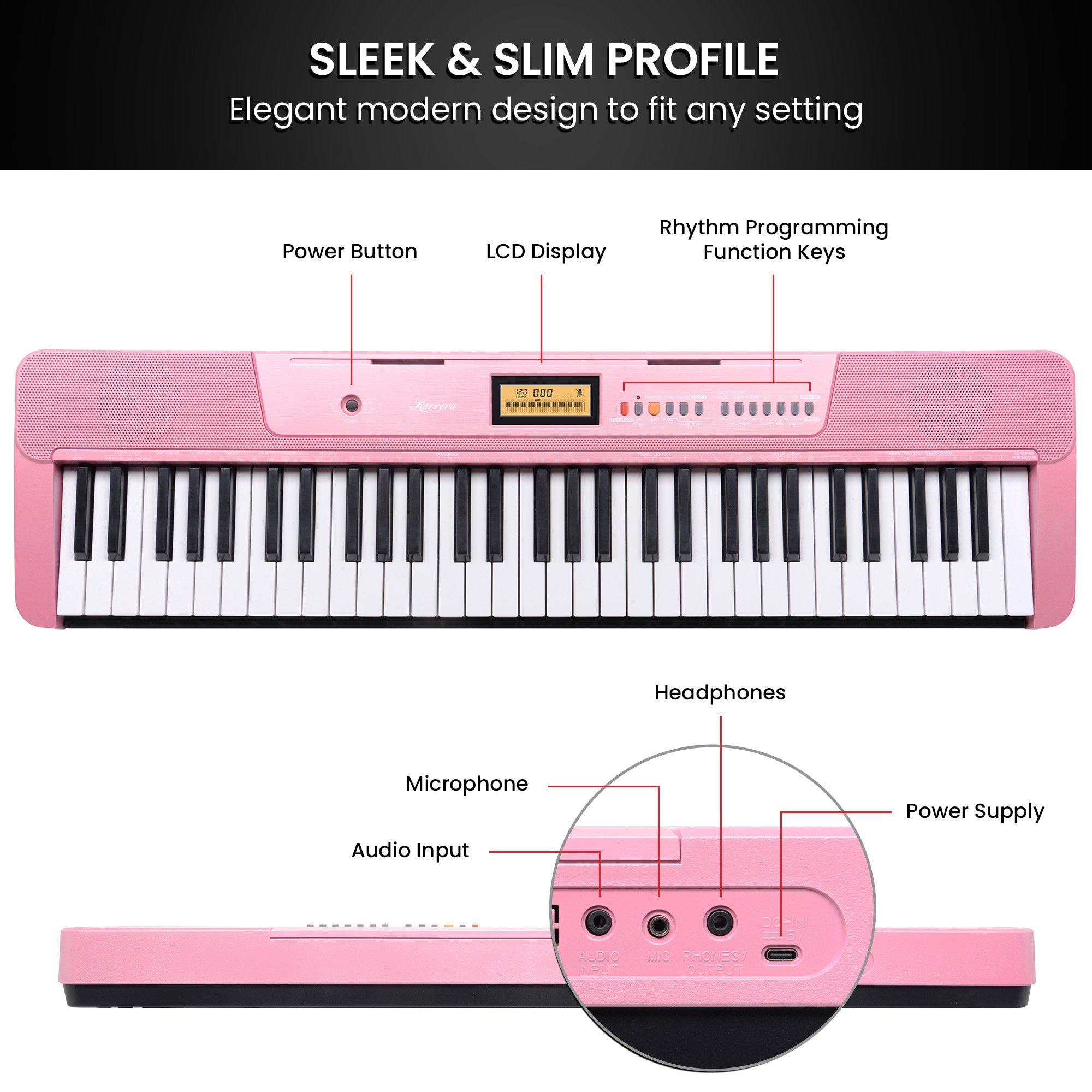 Karrera 61-Key Electronic Keyboard with LCD and Touch Response in Pink CHJ-291 8