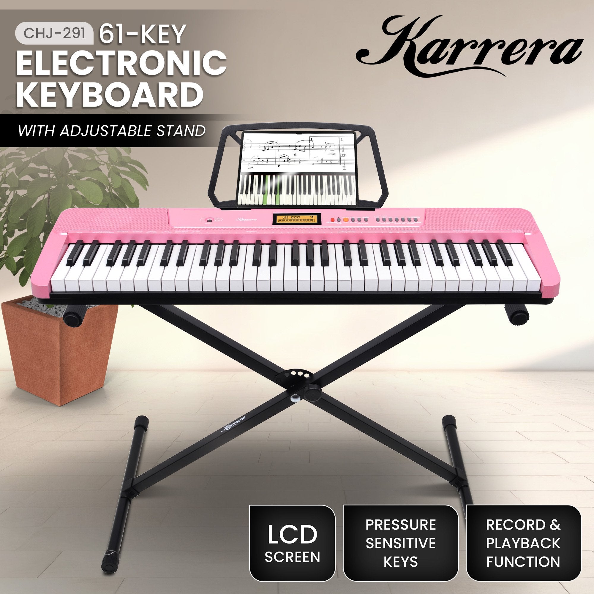 Karrera 61-Key Electronic Keyboard with LCD and Touch Response in Pink CHJ-291 12