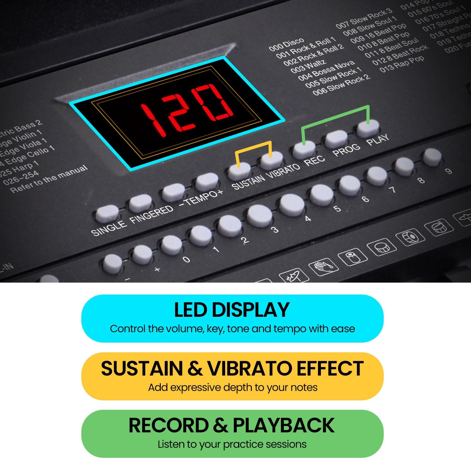 Karrera 61-key Electronic Led Keyboard 75cm Portable Piano In Black With Microphone Input, Headphone Output, 255 Timbres & Rhythms 3