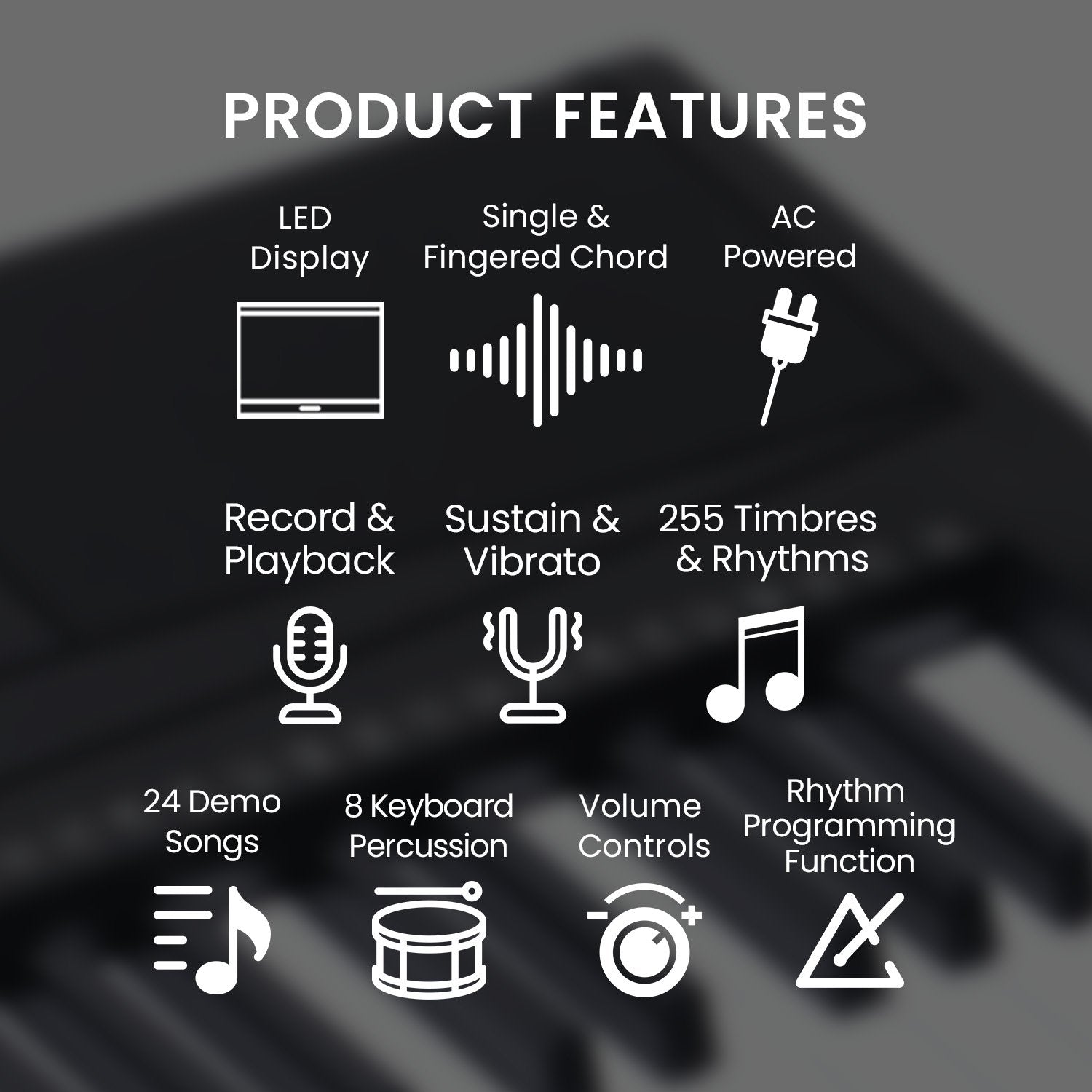 Karrera 61-key Electronic Led Keyboard 75cm Portable Piano In Black With Microphone Input, Headphone Output, 255 Timbres & Rhythms 7